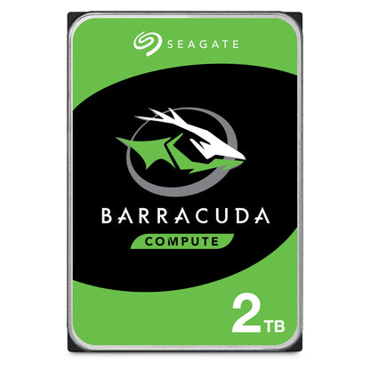 Seagate Barracuda 3,5" intern harddisk 2TB, grøn/sort label, hvid tekst og fiske-logo, til 3,5" formfaktor.