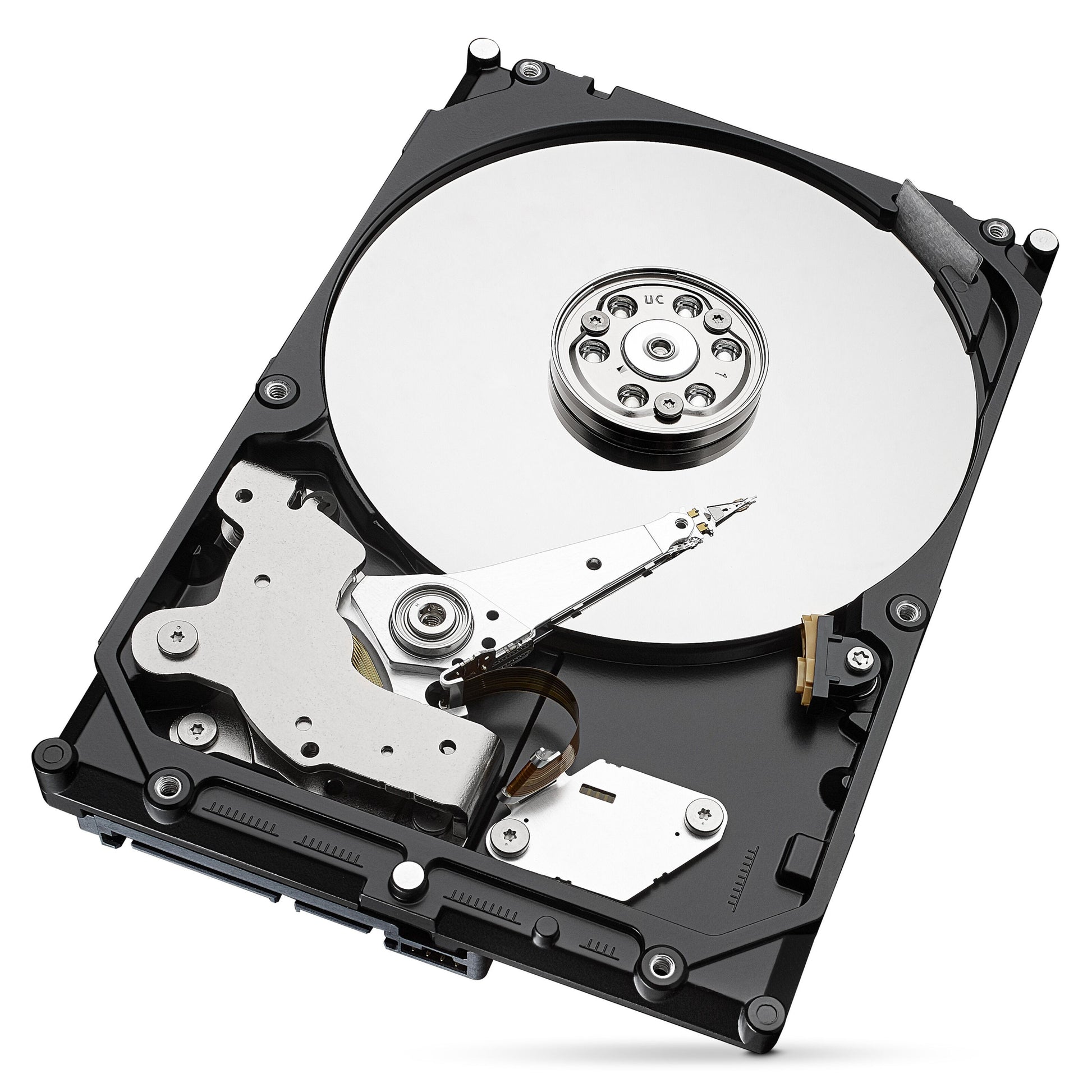 Seagate Barracuda 3,5" intern harddisk 2TB åben med synlig sølvplade, spindel og læse/skrivearm i sort kabinet.