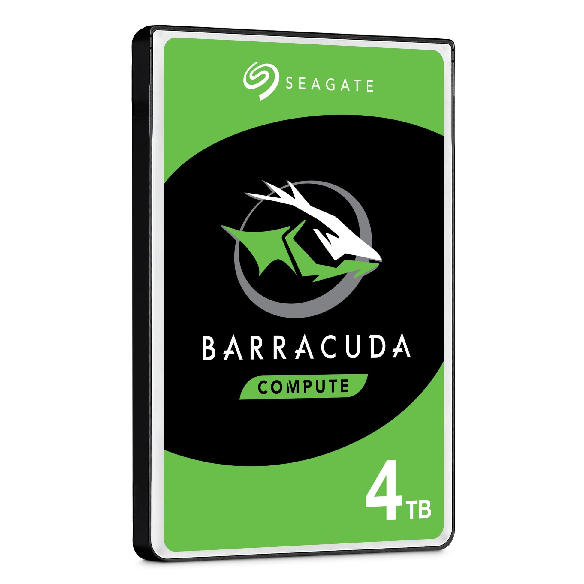 Seagate Barracuda 3,5" intern harddisk 4TB med grøn-sort label, fiske-logo og tydelig "4 TB"-tekst.