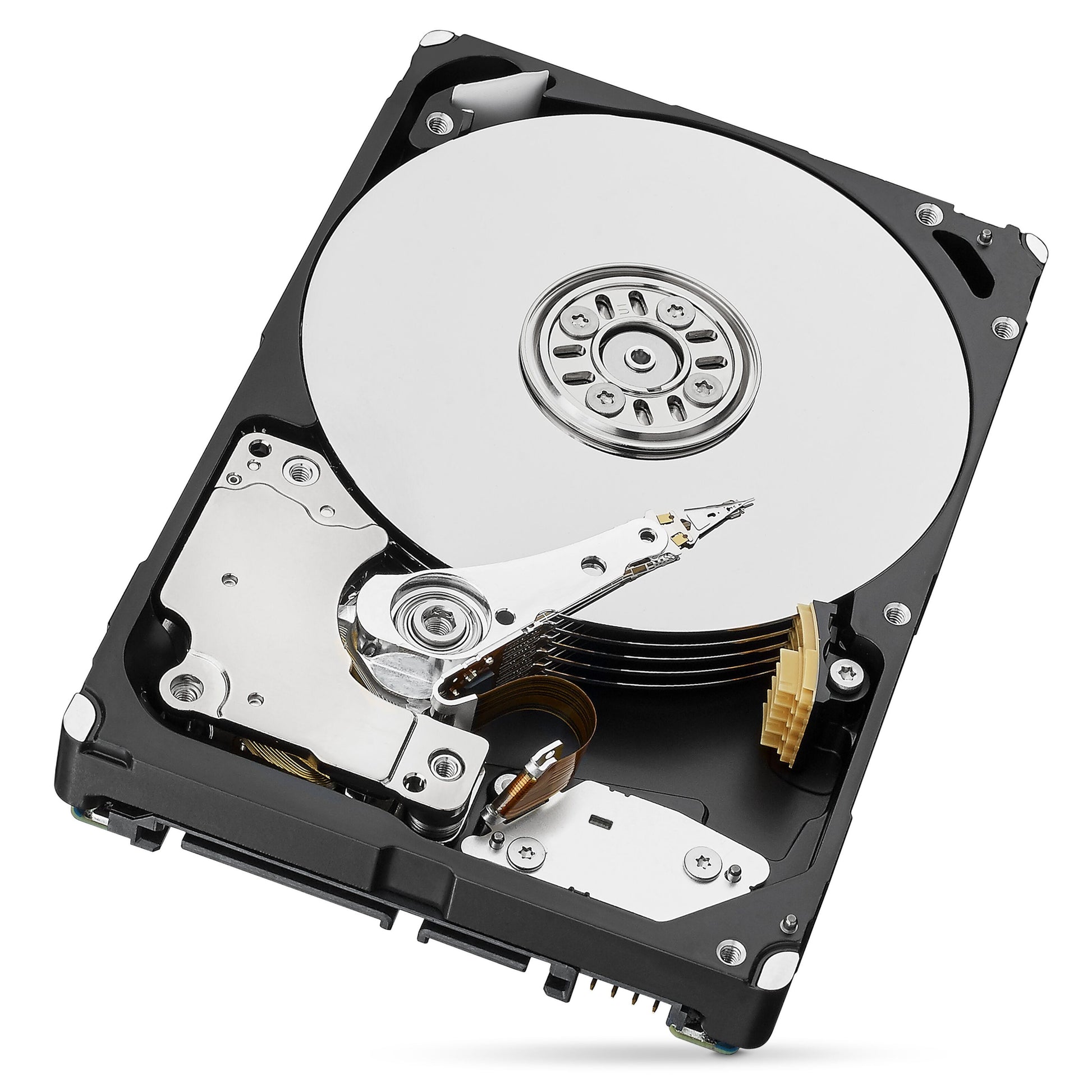 Seagate Barracuda 3,5" intern harddisk 4 TB åben med synlig blank diskplade og læse/skrive-arm i sort kabinet.