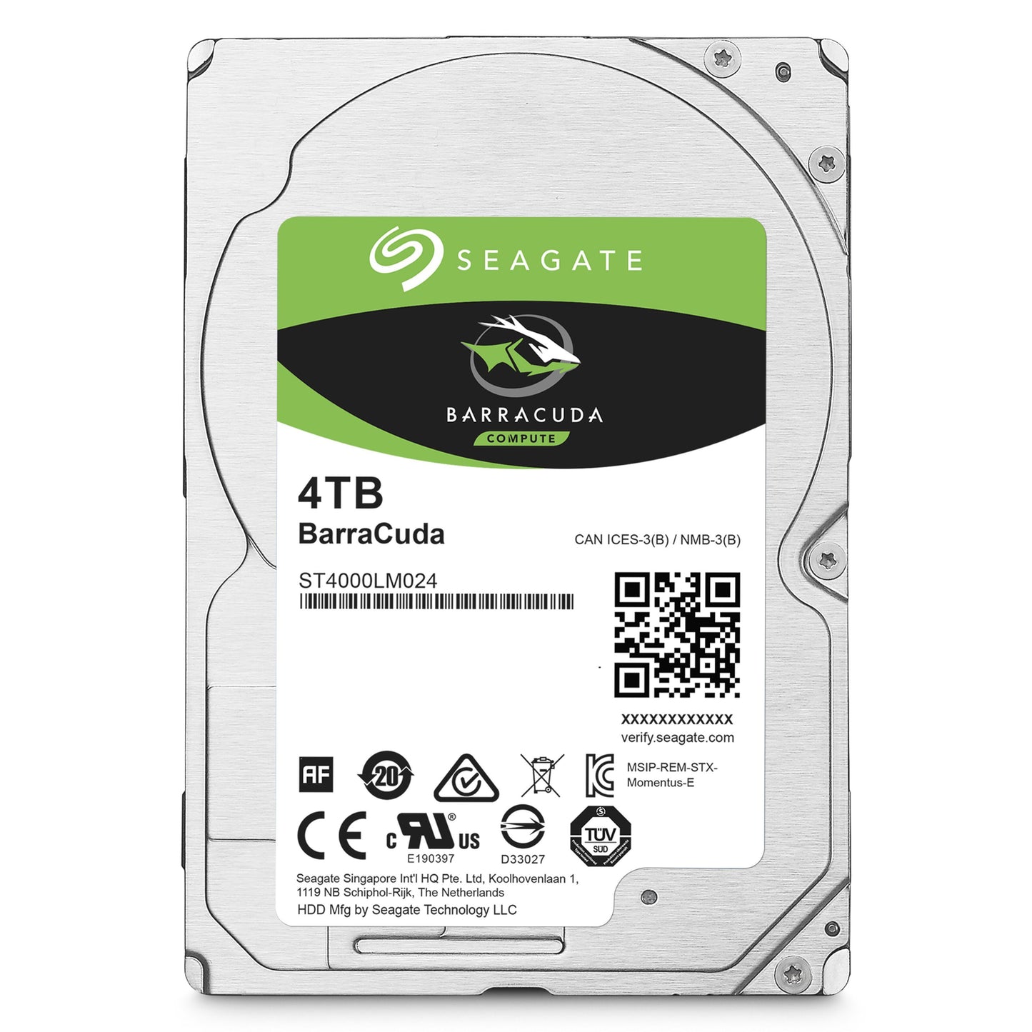 Seagate Barracuda 3,5" intern harddisk 4TB, sølvfarvet med grøn-sort label, model ST4000LM024, kapacitet og certifikatlogoer.