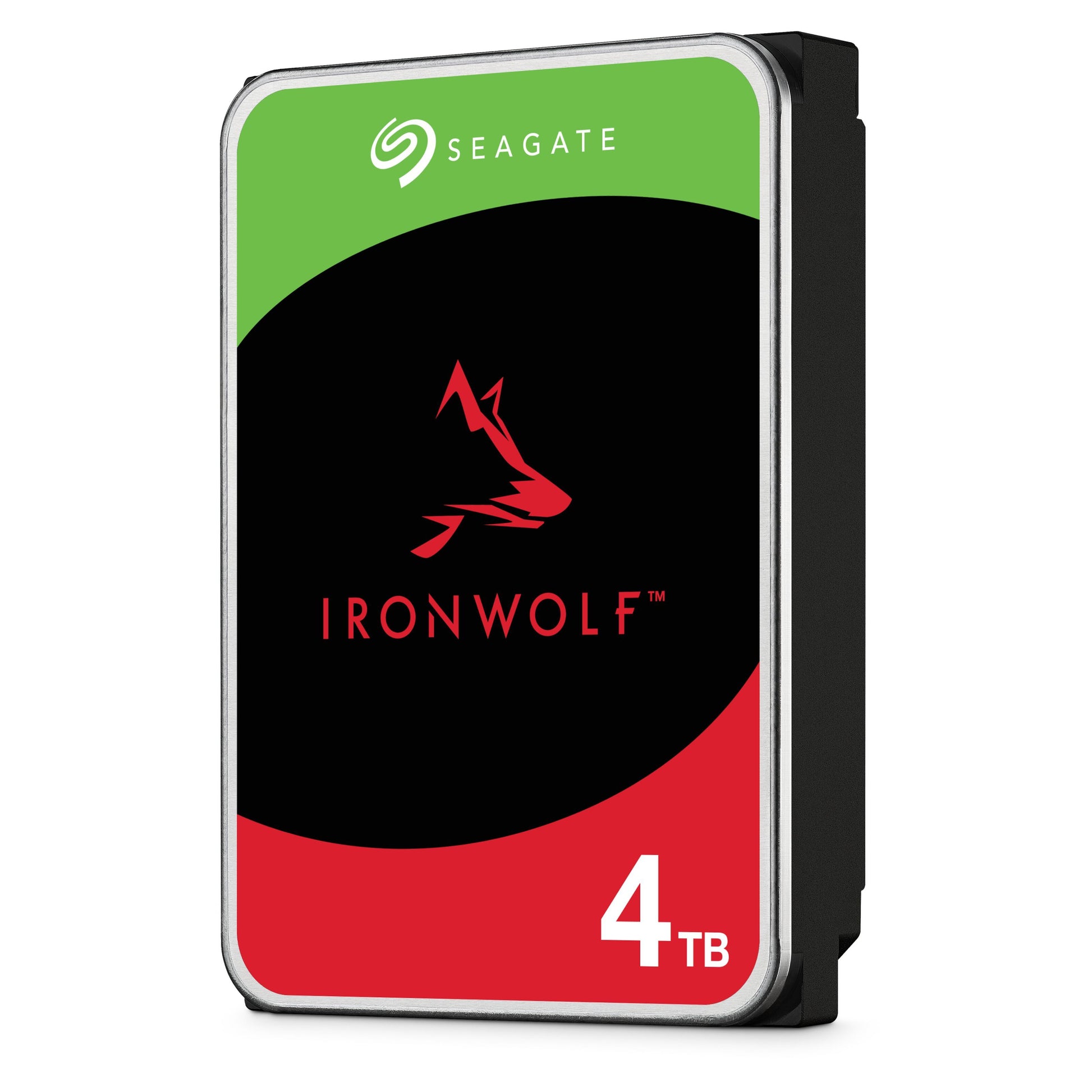 Seagate Ironwolf 3,5" intern harddisk 4TB med karakteristisk label og wolf-logo, egnet til NAS.