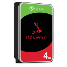 Seagate Ironwolf 3,5" intern harddisk 4TB, sort label med rød ulvelogo, rød-grønne detaljer, kapacitet nederst til højre.