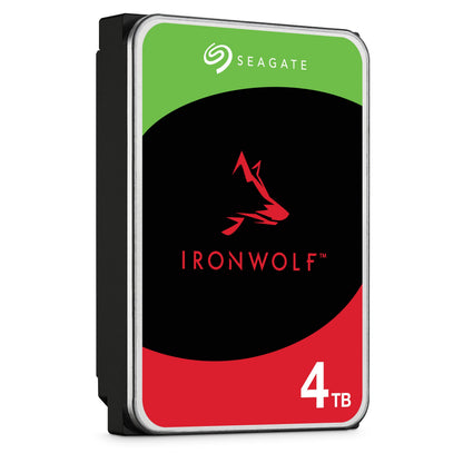 Seagate Ironwolf 3,5" intern harddisk 4TB, sort label med rød ulvelogo, rød-grønne detaljer, kapacitet nederst til højre.