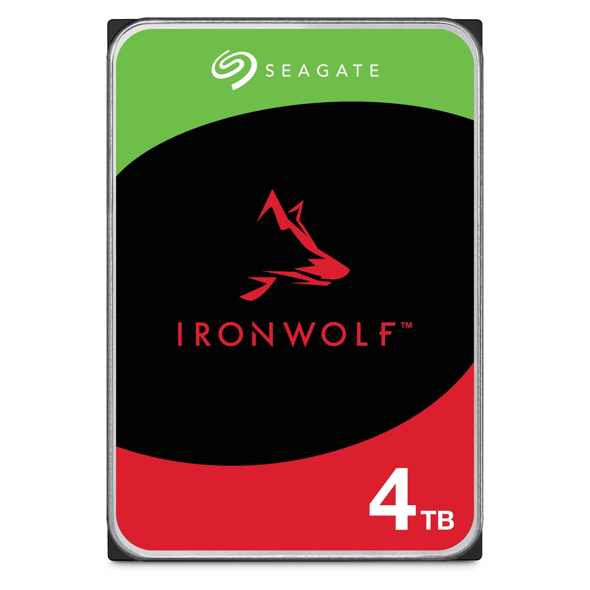 Seagate IronWolf intern harddisk 3,5", 4TB, sort/grøn/rød label med IronWolf-logo og hvidt "4TB" nederst til højre.