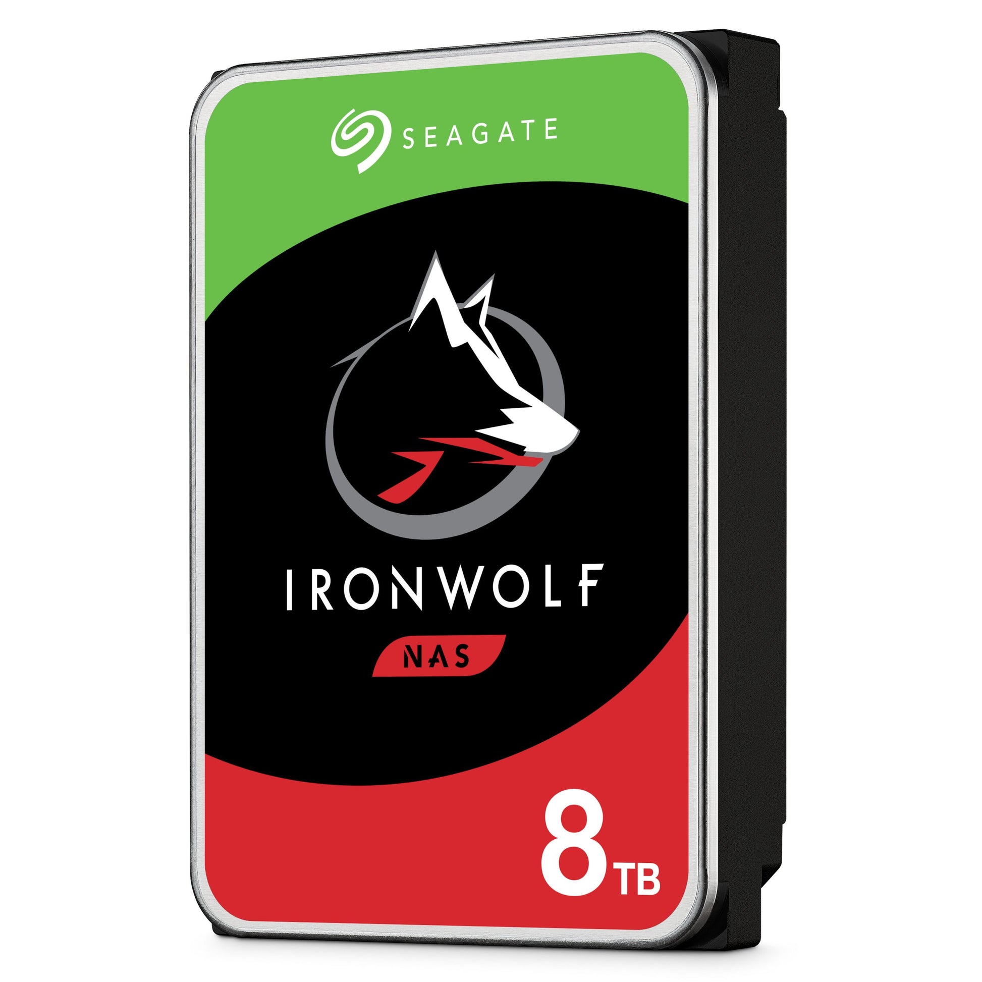 Seagate Ironwolf 3,5" 8TB intern NAS-harddisk med ulvelogo og rød, grøn, sort design.