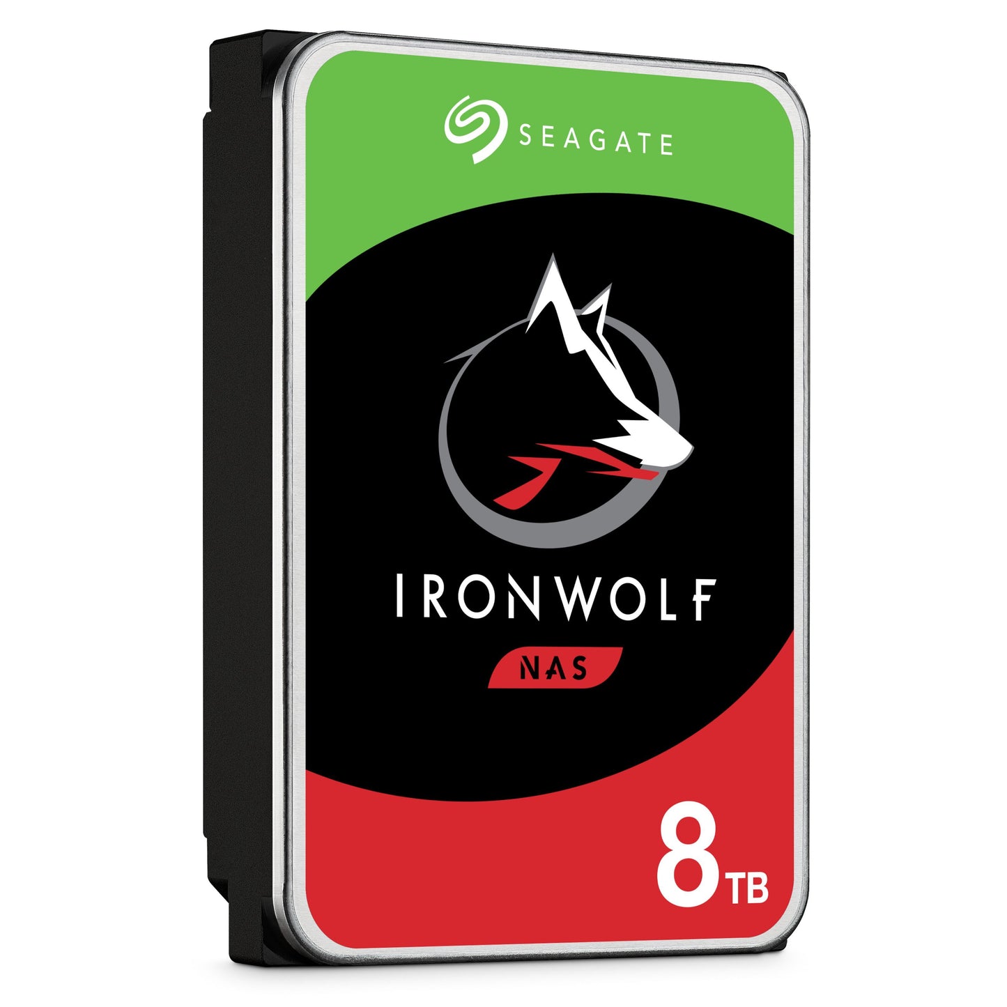 Seagate Ironwolf 3,5" intern harddisk 8TB, sort med rød og grøn label samt ulvelogo.