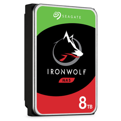 Seagate Ironwolf 3,5" intern harddisk 8TB, sort med rød og grøn label samt ulvelogo.