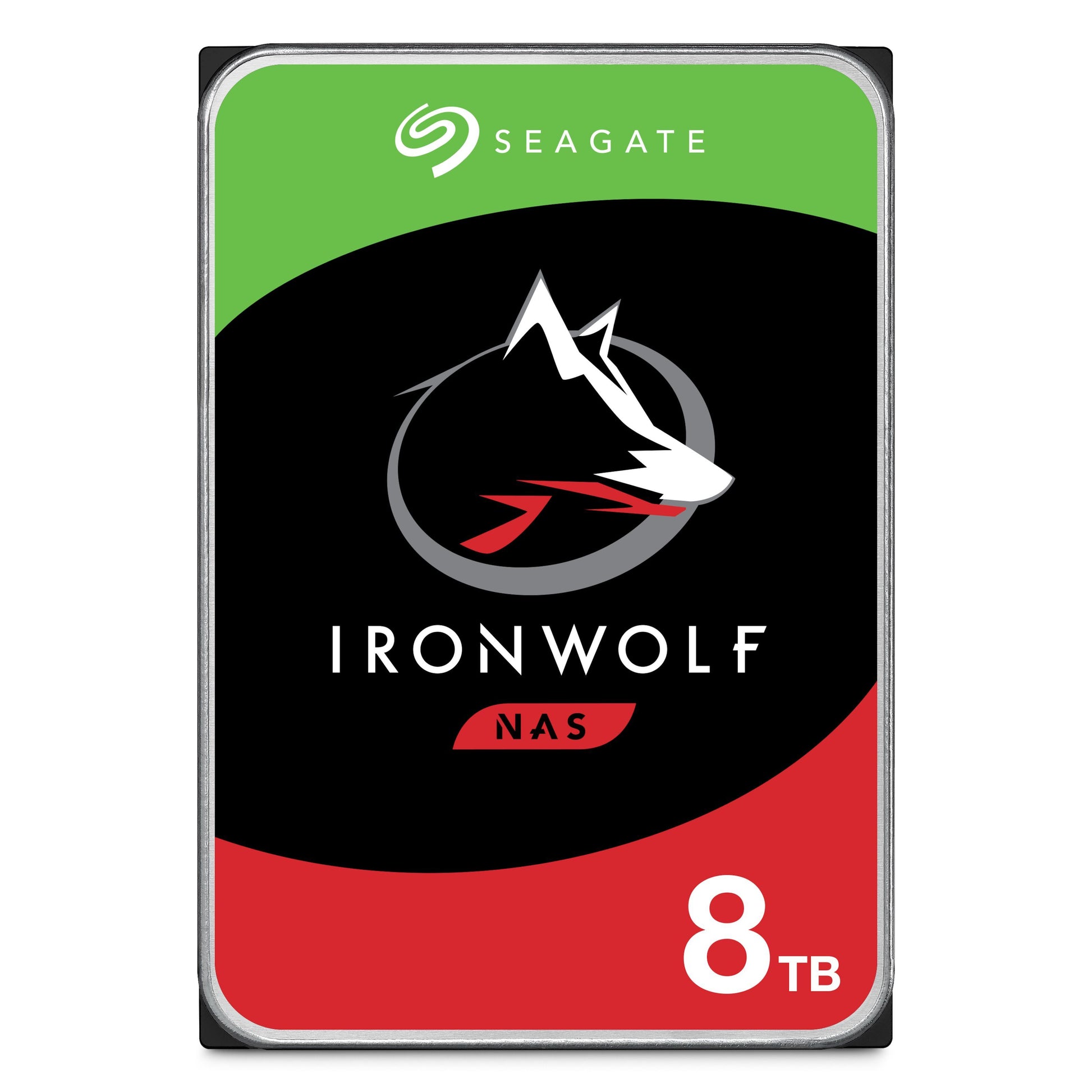 Seagate IronWolf intern 3,5" harddisk 8TB til NAS, Seagate-logo og rød/sort/grøn IronWolf-design.