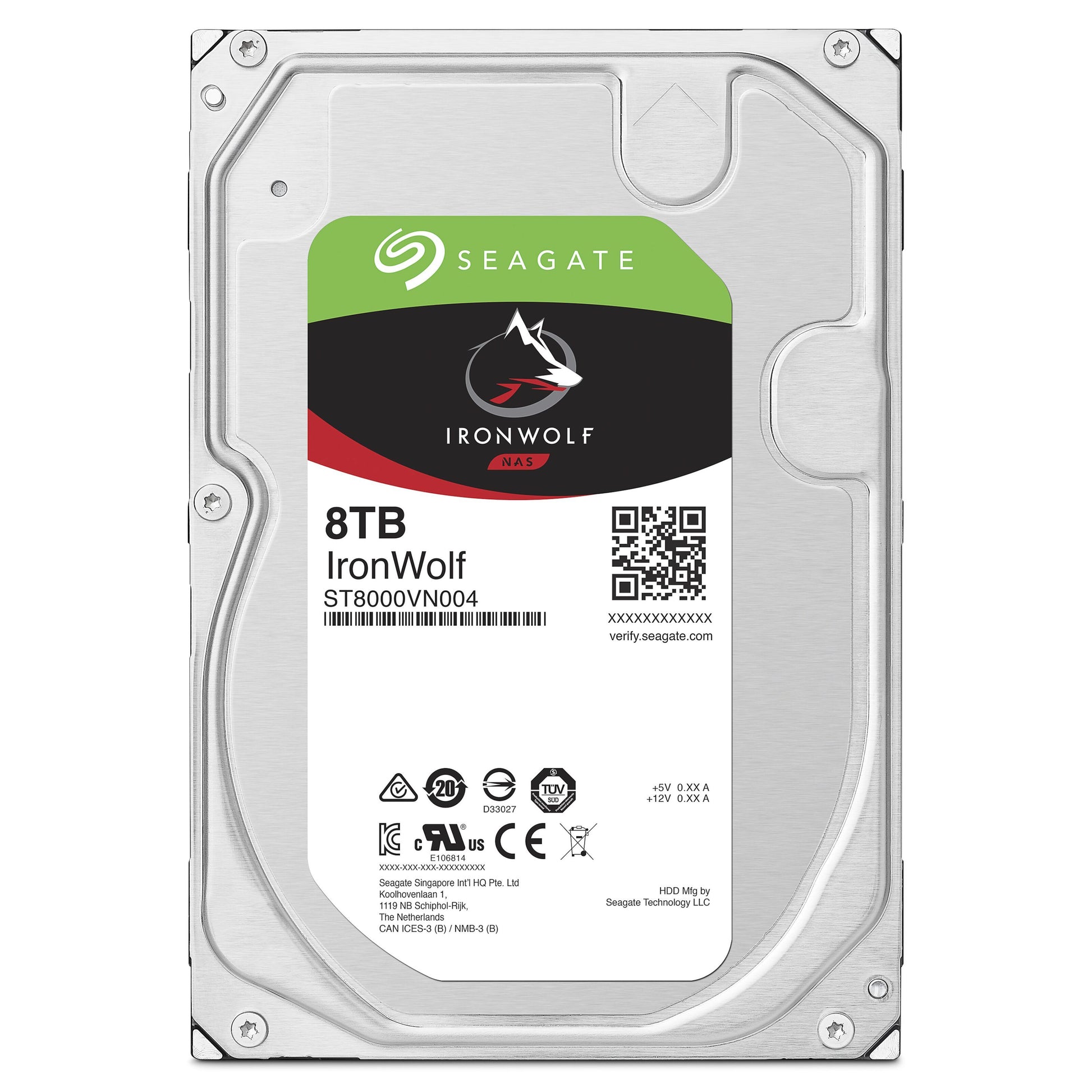 Seagate Ironwolf intern 3,5" harddisk 8TB set oppefra med metal-kabinet og hvid-grøn-sort-rød label med specifikationer.