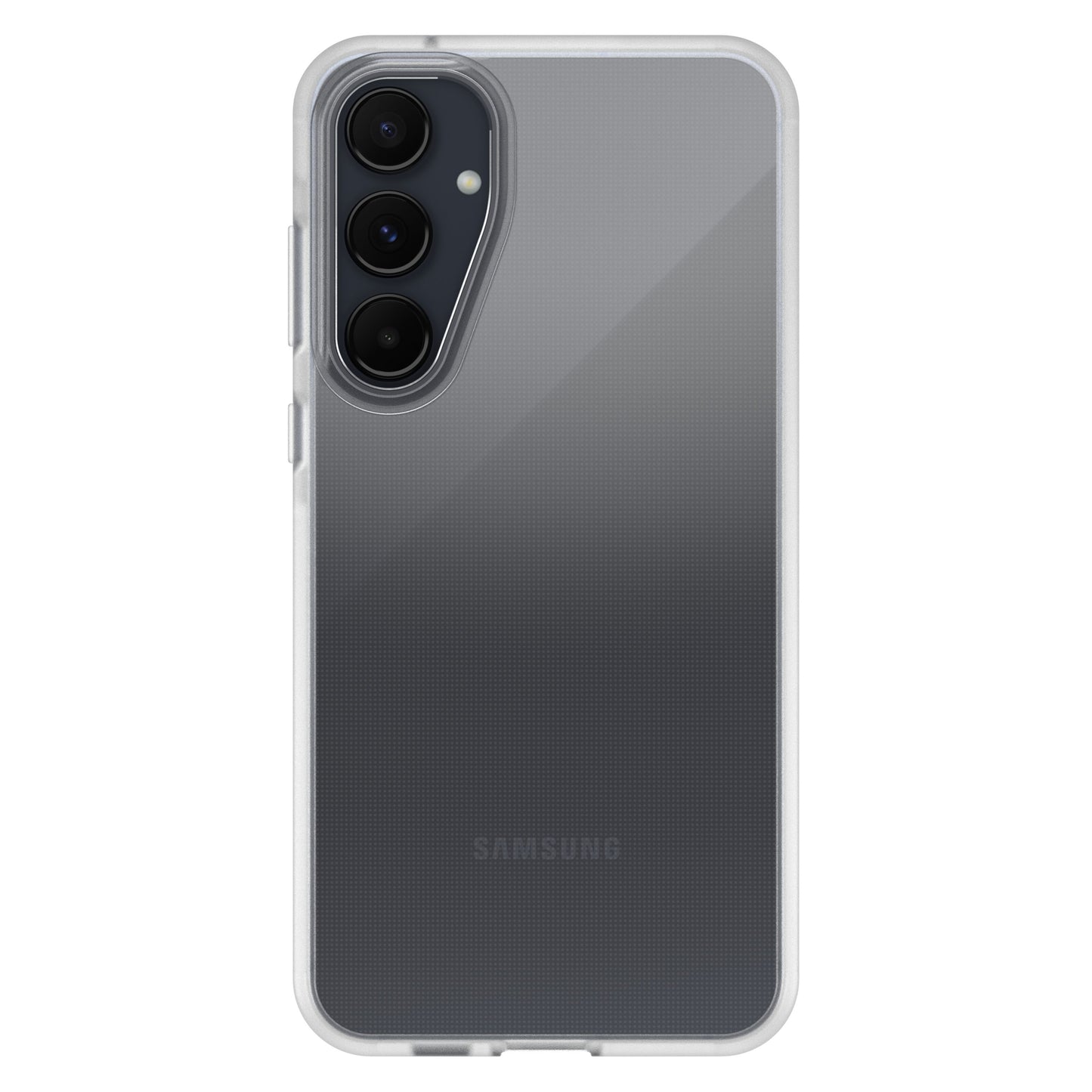 Samsung Galaxy A55 5G bagfra i gennemsigtigt etui med tre lodrette kameraer og Samsung-logo nederst.