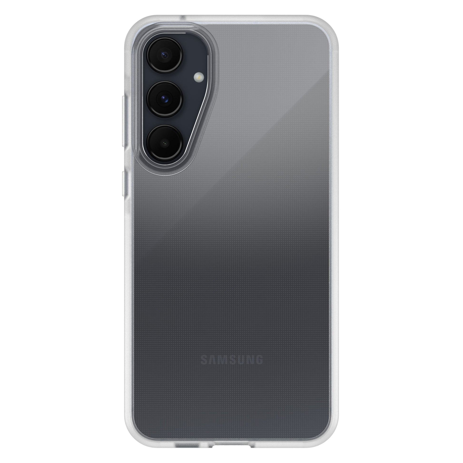 Samsung Galaxy A55 5G bagfra i gennemsigtigt etui med tre lodrette kameraer og Samsung-logo nederst.