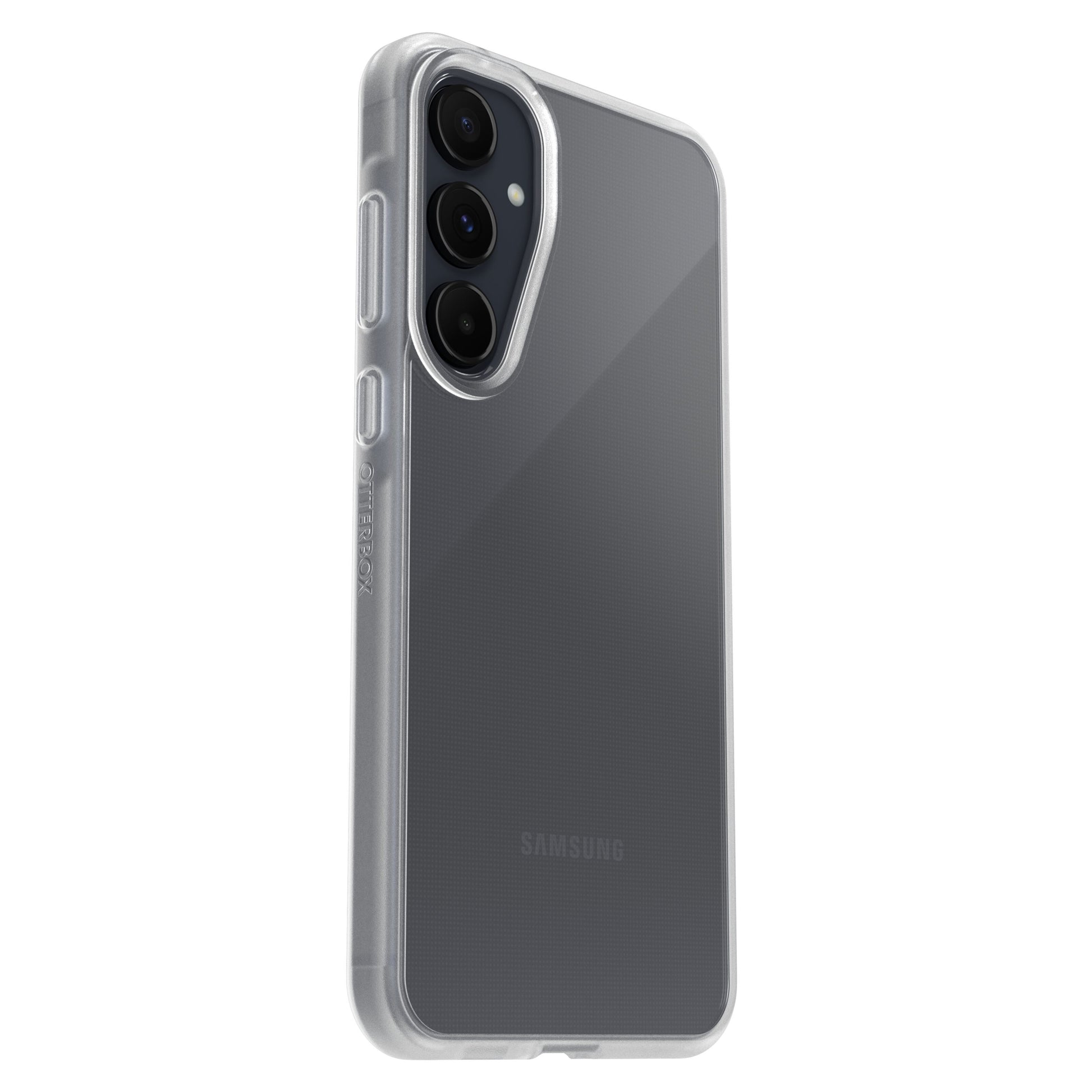 Otterbox Reager etui til Galaxy A55 5G gennemsigtig, viser triple kamera og Samsung logo gennem det klare cover.
