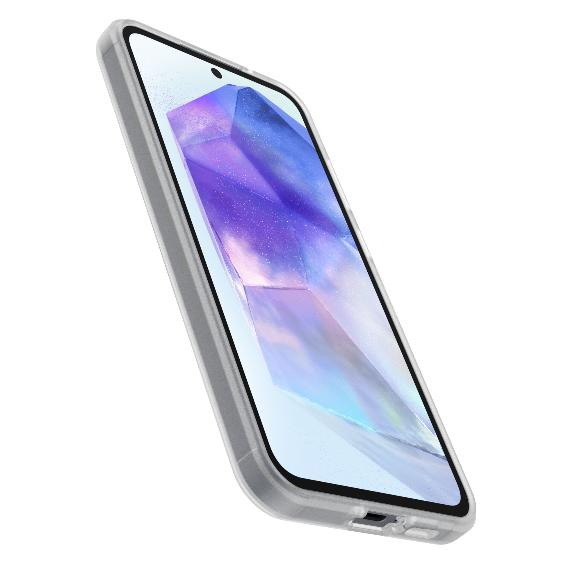 Samsung Galaxy A55 5G vinkel, gennemsigtigt etui, skærm med blå-lilla-hvidt abstrakt baggrundsbillede.