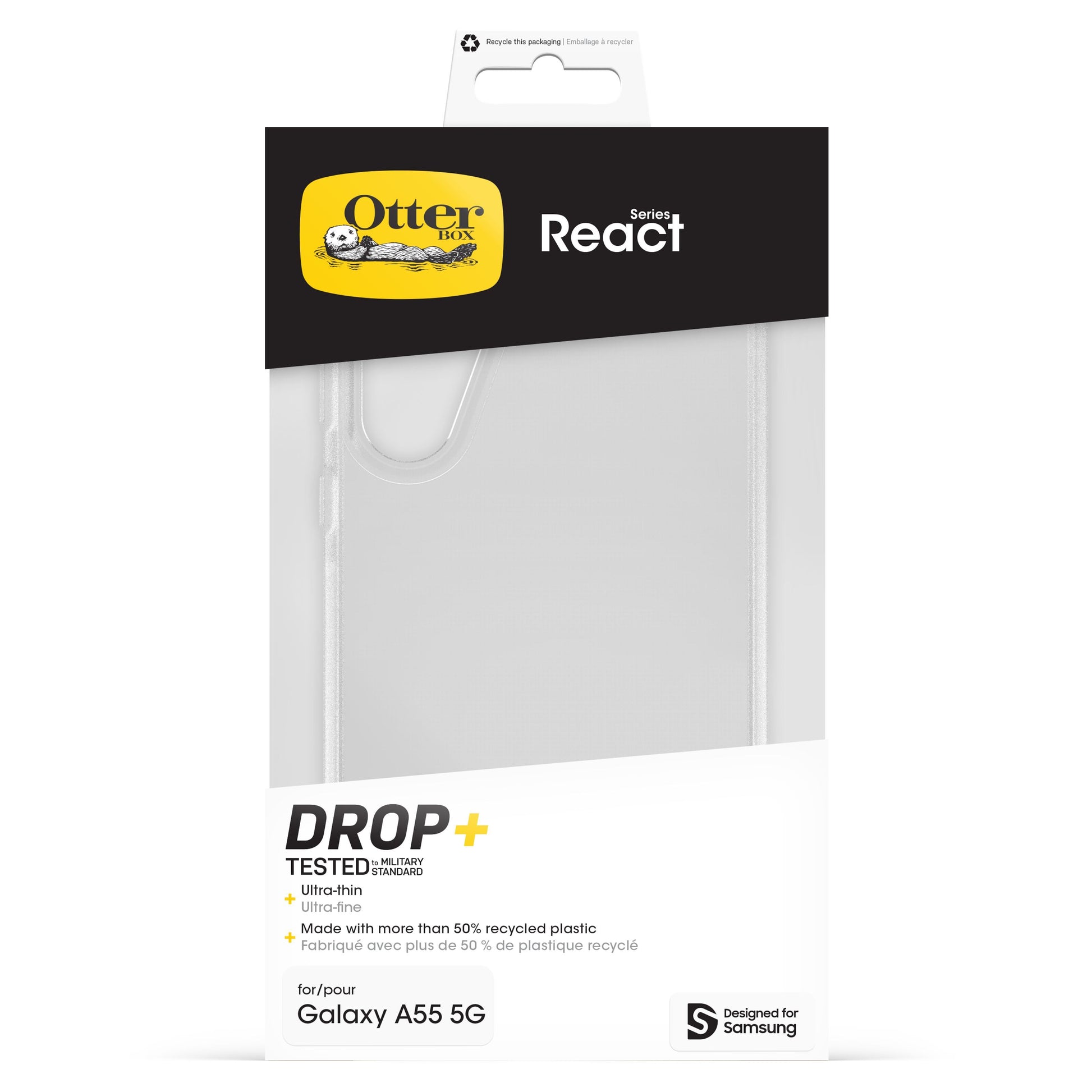 Otterbox Reager etui Galaxy A55 5G gennemsigtig ultratynd DROP+ beskyttelse over 50 genanvendt plastik.