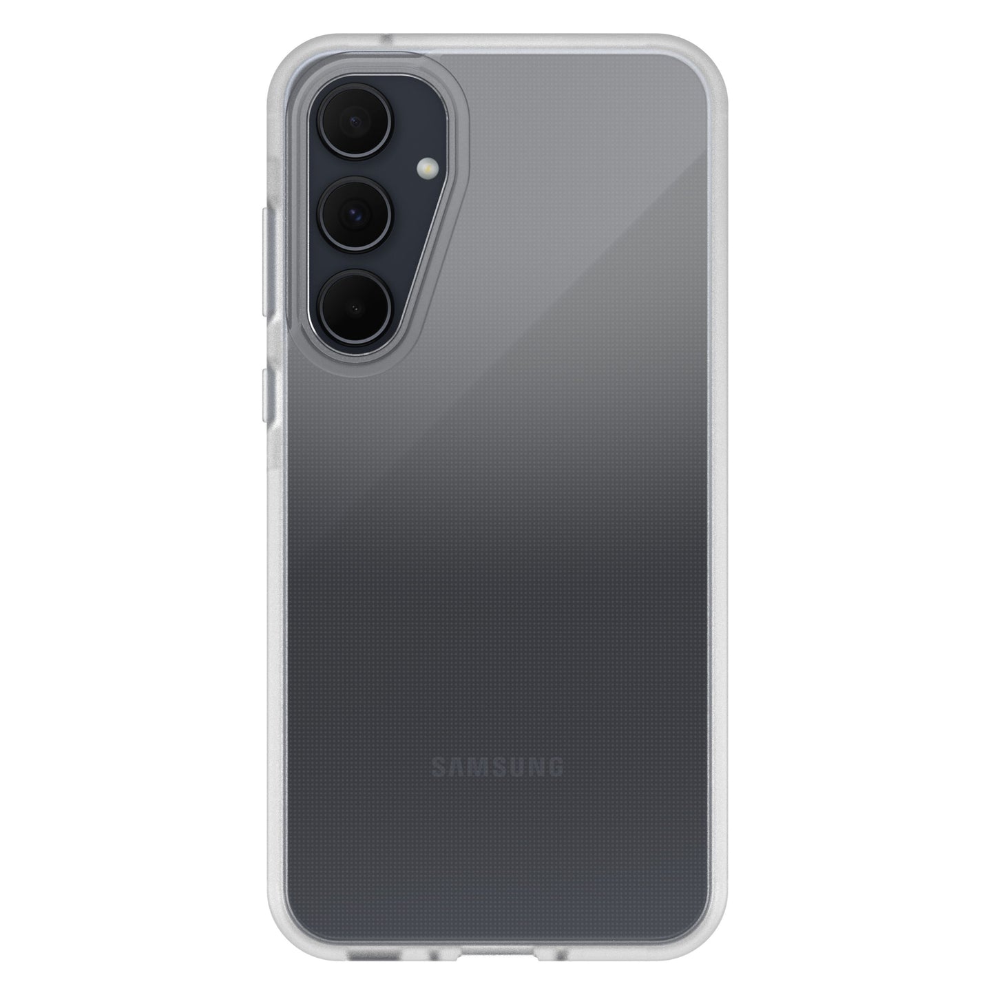 Gennemsigtigt Otterbox React etui til Galaxy A35 5G med stødsikring og åbning til tre vertikale bagkameraer.