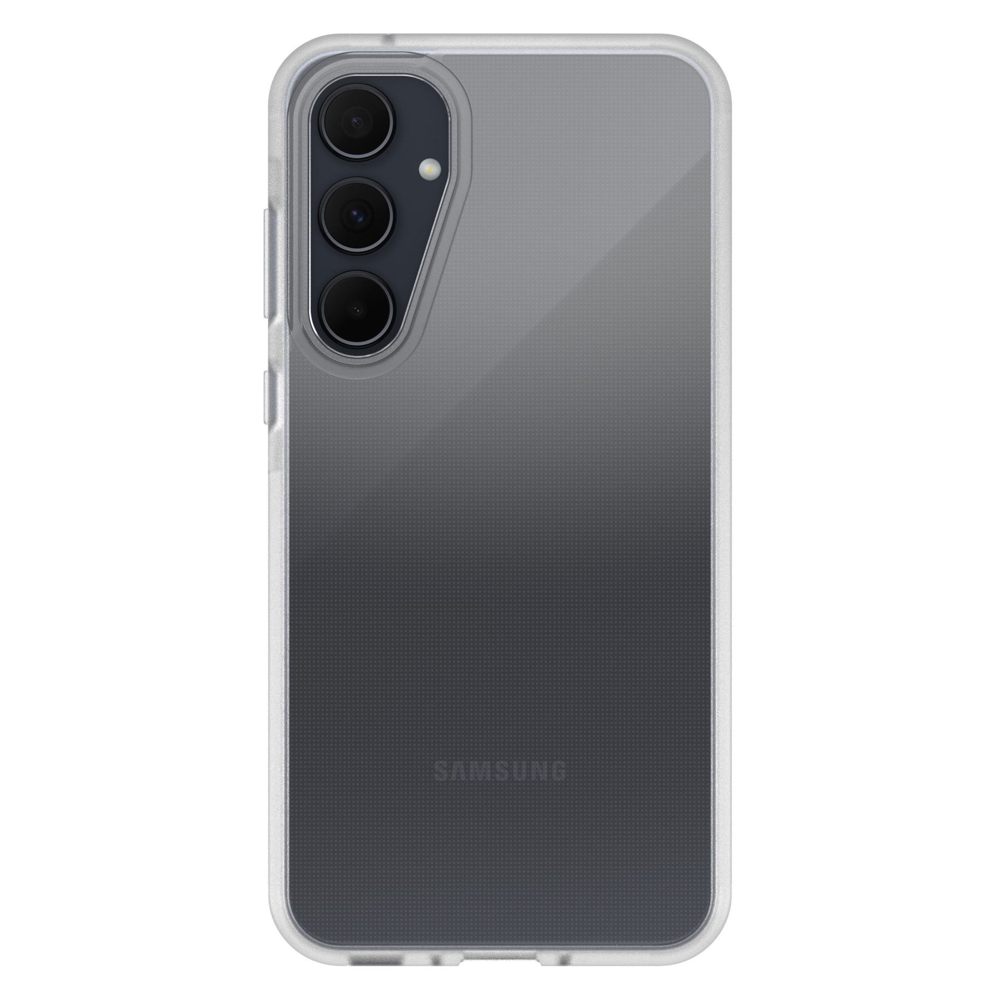 Gennemsigtigt Otterbox React etui til Galaxy A35 5G med stødsikring og åbning til tre vertikale bagkameraer.