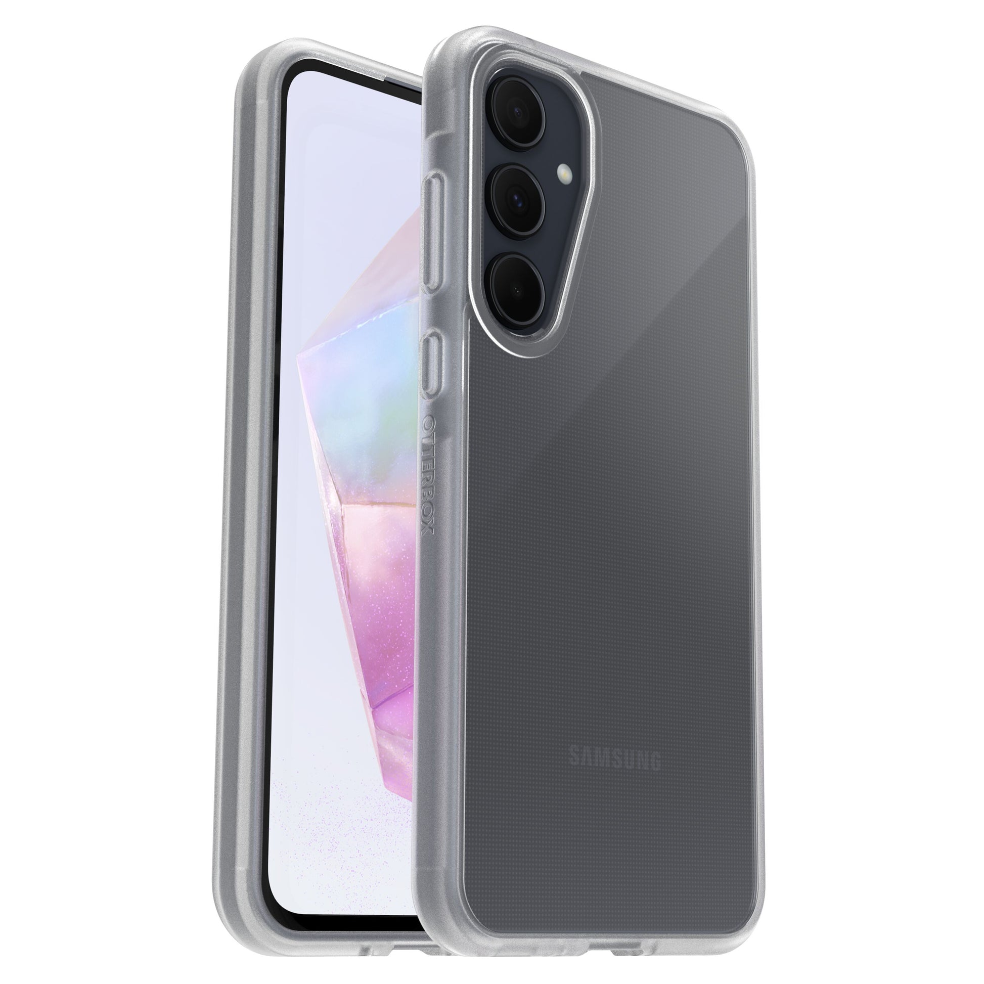 Otterbox Reager Etui gennemsigtig til Samsung Galaxy A35 5G med tredobbelt kamera og farverig skærm.
