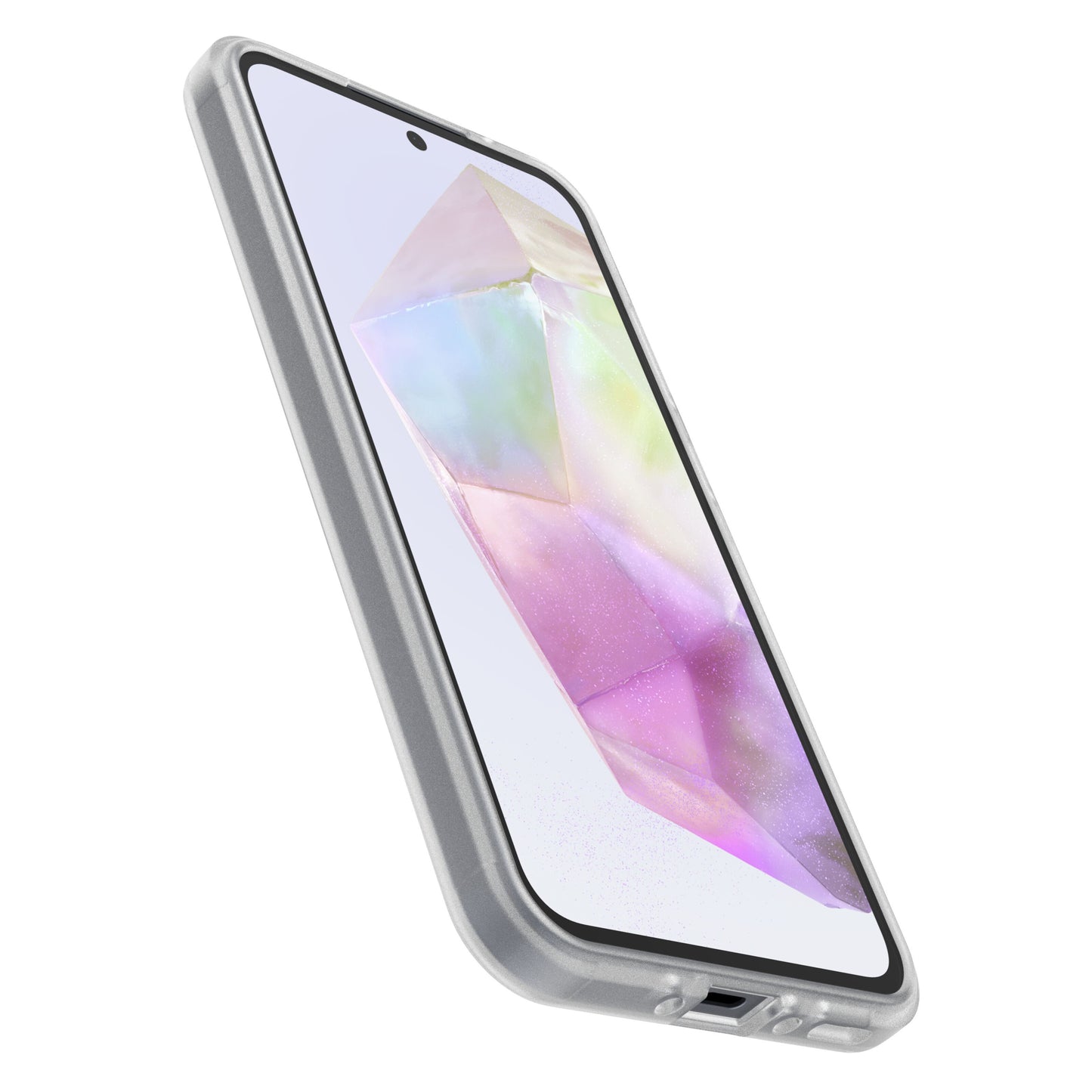 Otterbox Reager Etui Galaxy A35 5G gennemsigtig, stødsikkert design, geometrisk krystalmønster på skærm.