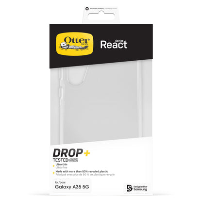 Otterbox Reager gennemsigtigt etui til Galaxy A35 5G med DROP+ stødbeskyttelse, ultra-tyndt design, Otterbox-logo.