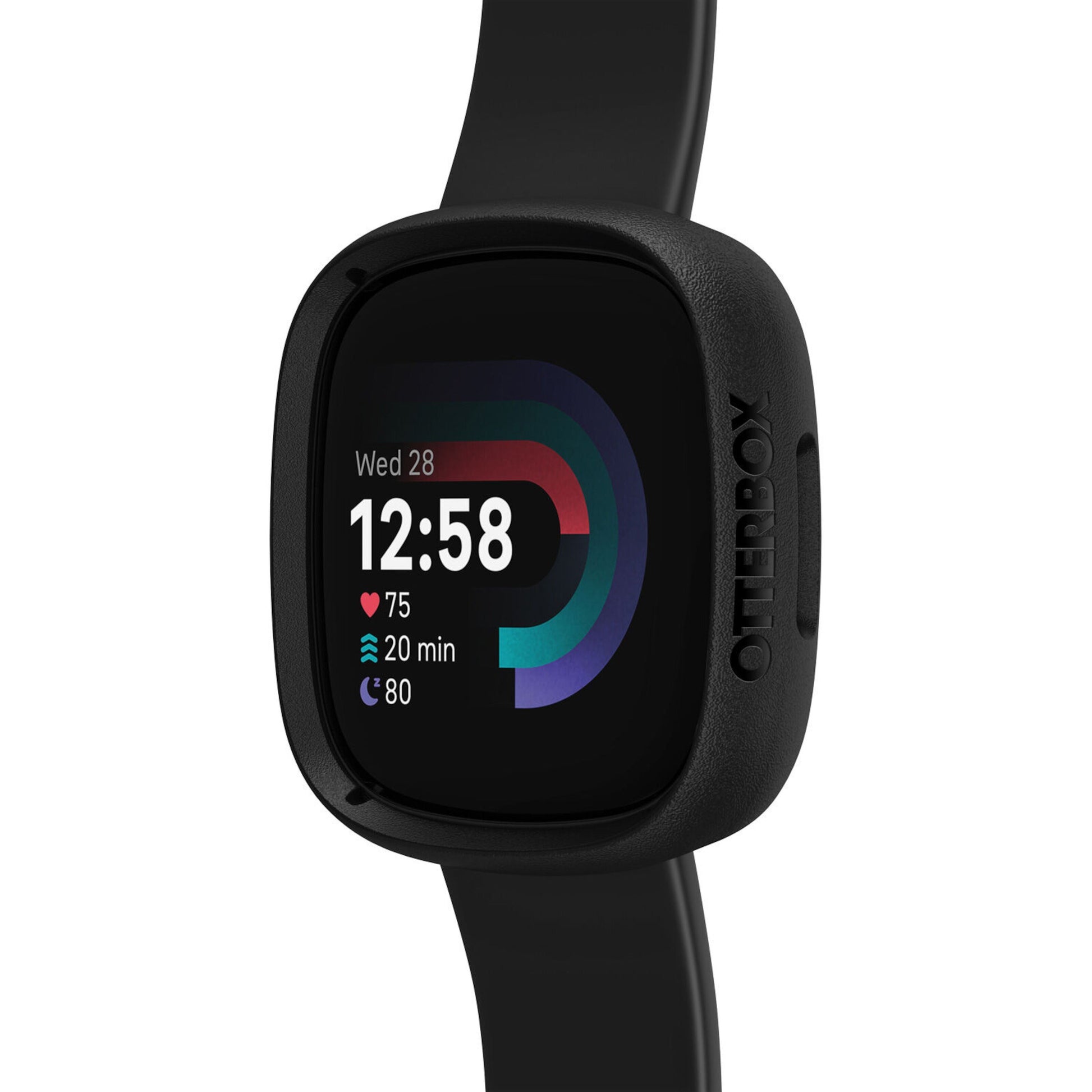 Fitbit Versa 4 smartwatch sort med sort silikonearmbånd, Otterbox Se Bumper, viser dato, tid, puls og skridt.