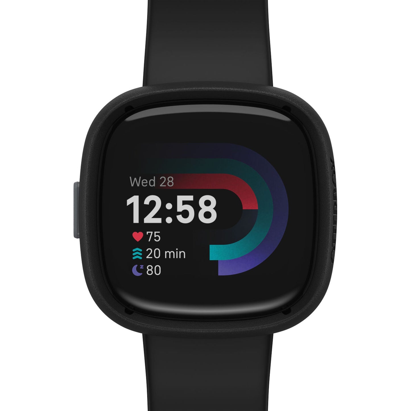Fitbit Versa 4 sort med digitalt display (Wed 28, 12:58, puls 75, 20 min aktivitet, 80 min søvn), med Se Bumper beskyttelse.
