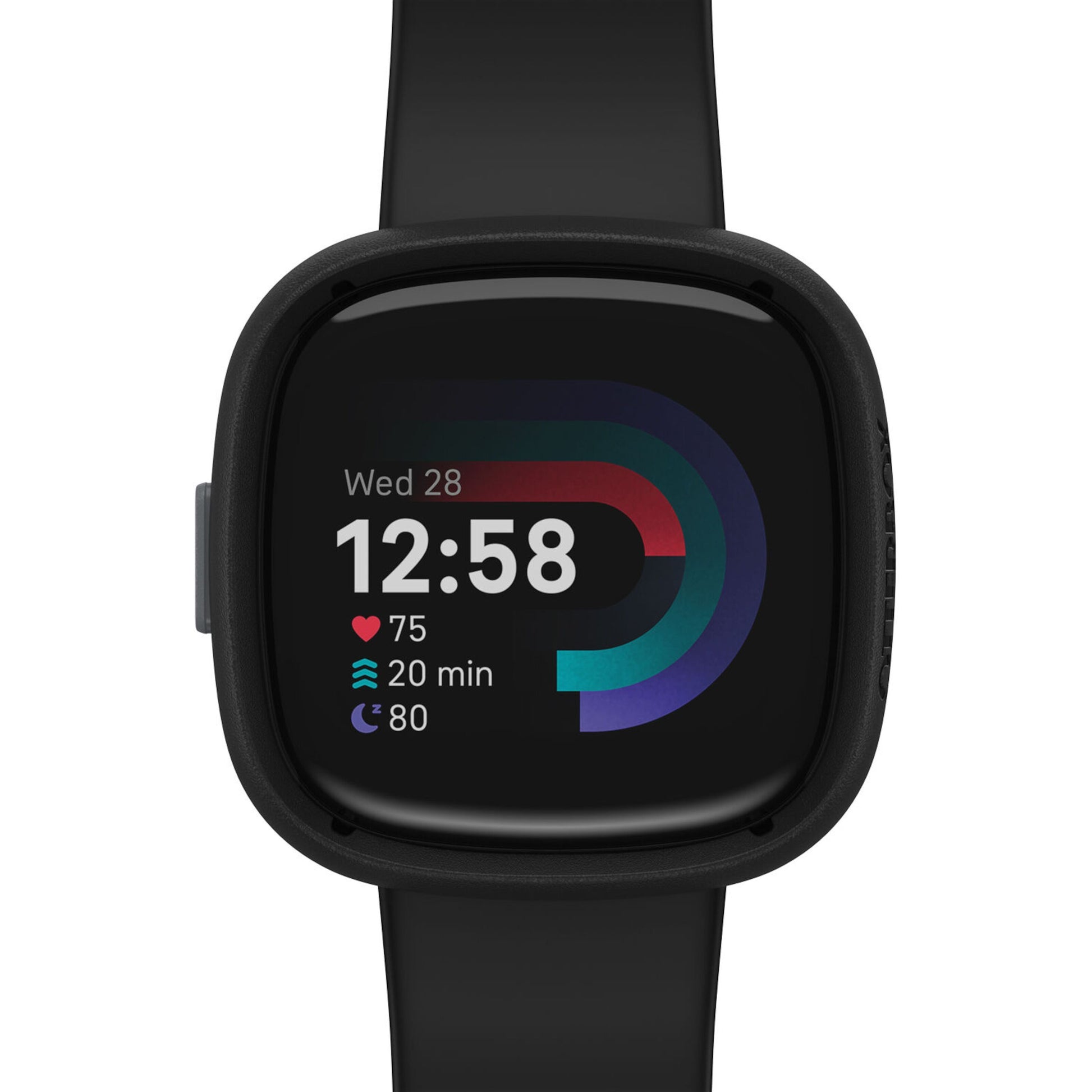 Fitbit Versa 4 sort med digitalt display (Wed 28, 12:58, puls 75, 20 min aktivitet, 80 min søvn), med Se Bumper beskyttelse.
