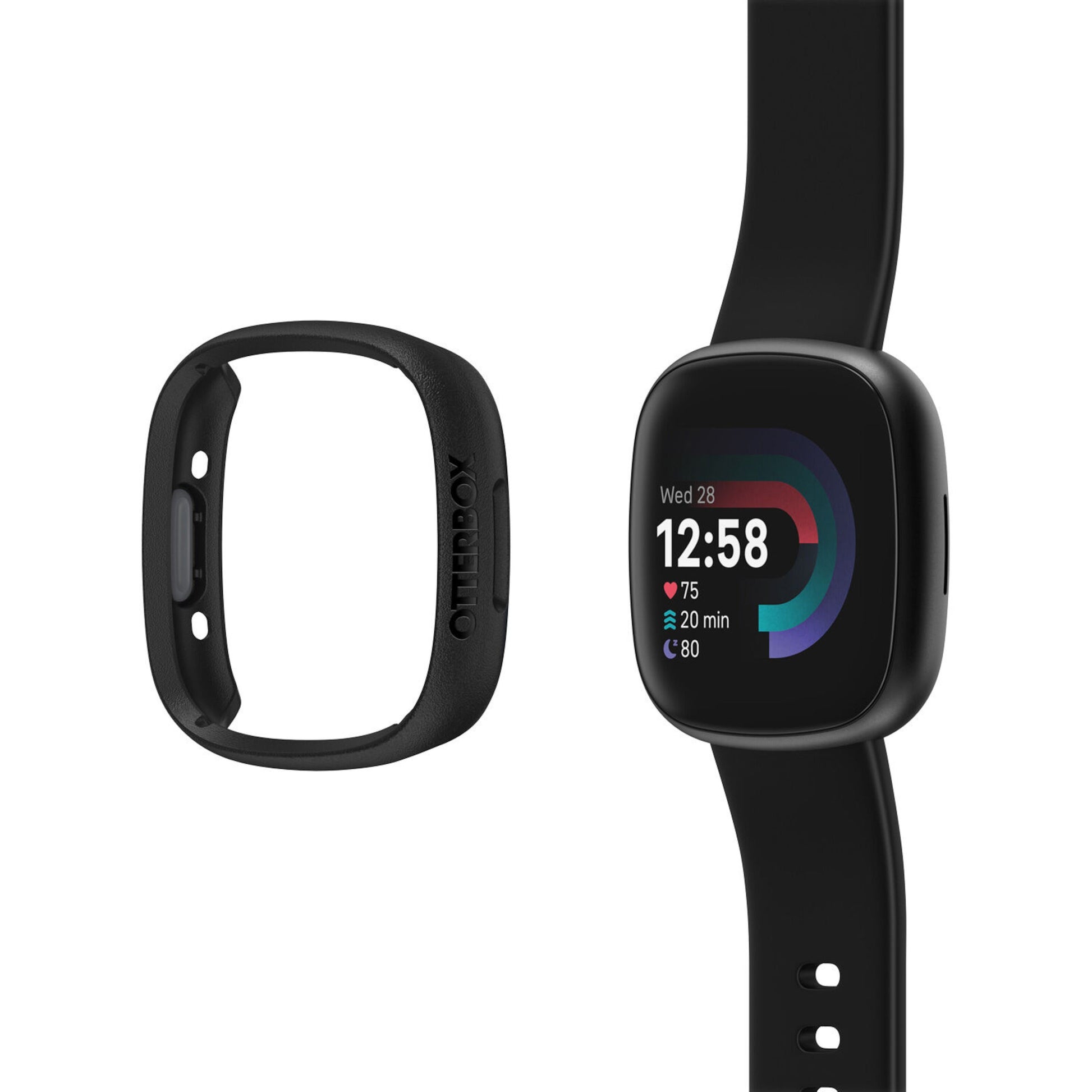 Fitbit Versa 4 smartwatch sort med digitalt display ved siden af Otterbox Se Bumper til Fitbit Versa 4.