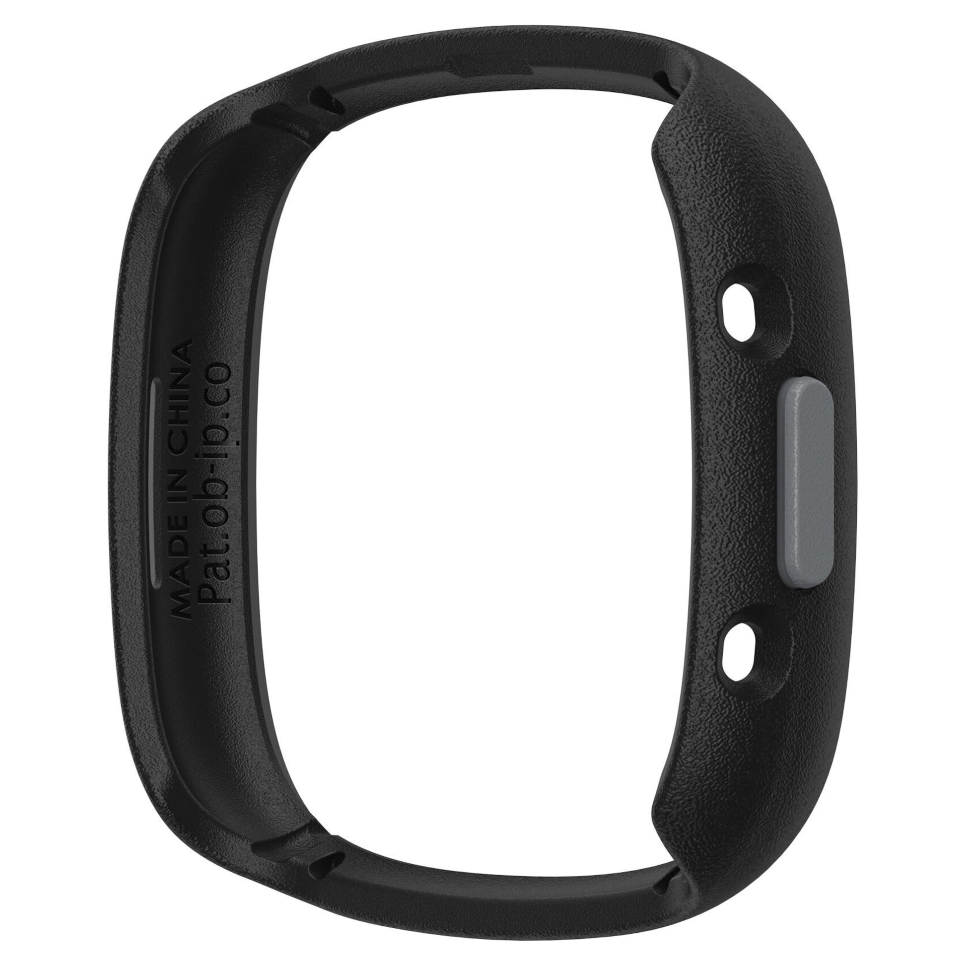 Otterbox SE Bumper til Fitbit Versa 4 sort plast, rektangulær ramme, grå knap, to huller, indgraveret MADE IN CHINA.