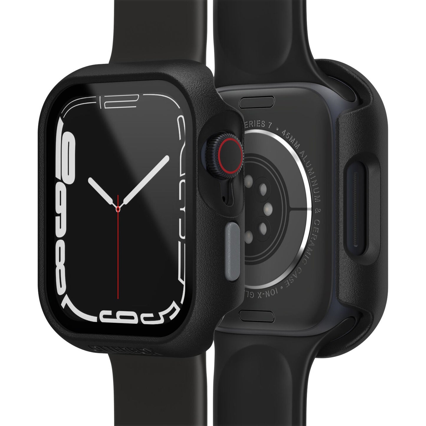 Otterbox Eclipse beskyttelsesetui til Apple Watch 7/8 45mm, visning forfra og bagfra med urskive og sensorer synlige.