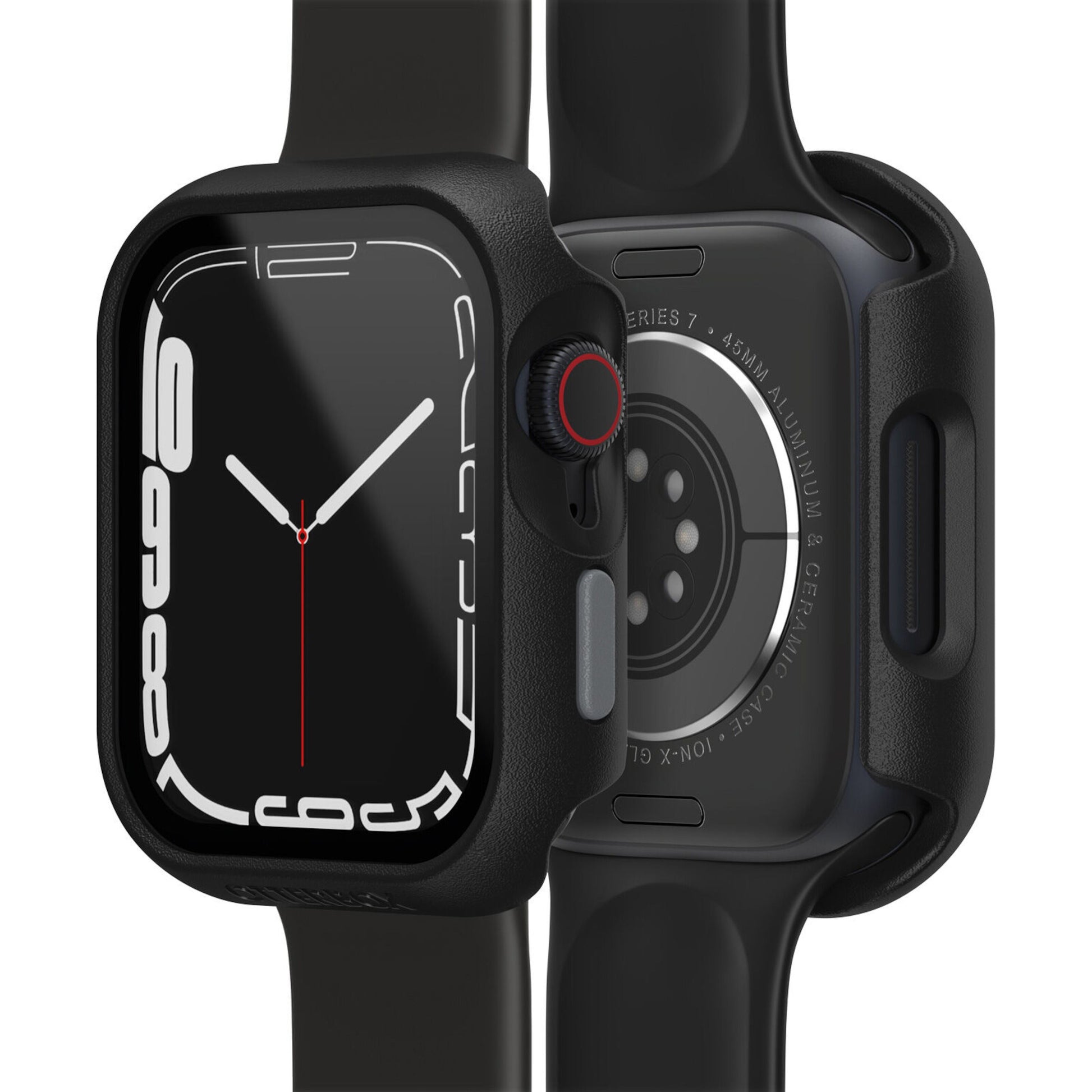 Otterbox Eclipse beskyttelsesetui til Apple Watch 7/8 45mm, visning forfra og bagfra med urskive og sensorer synlige.