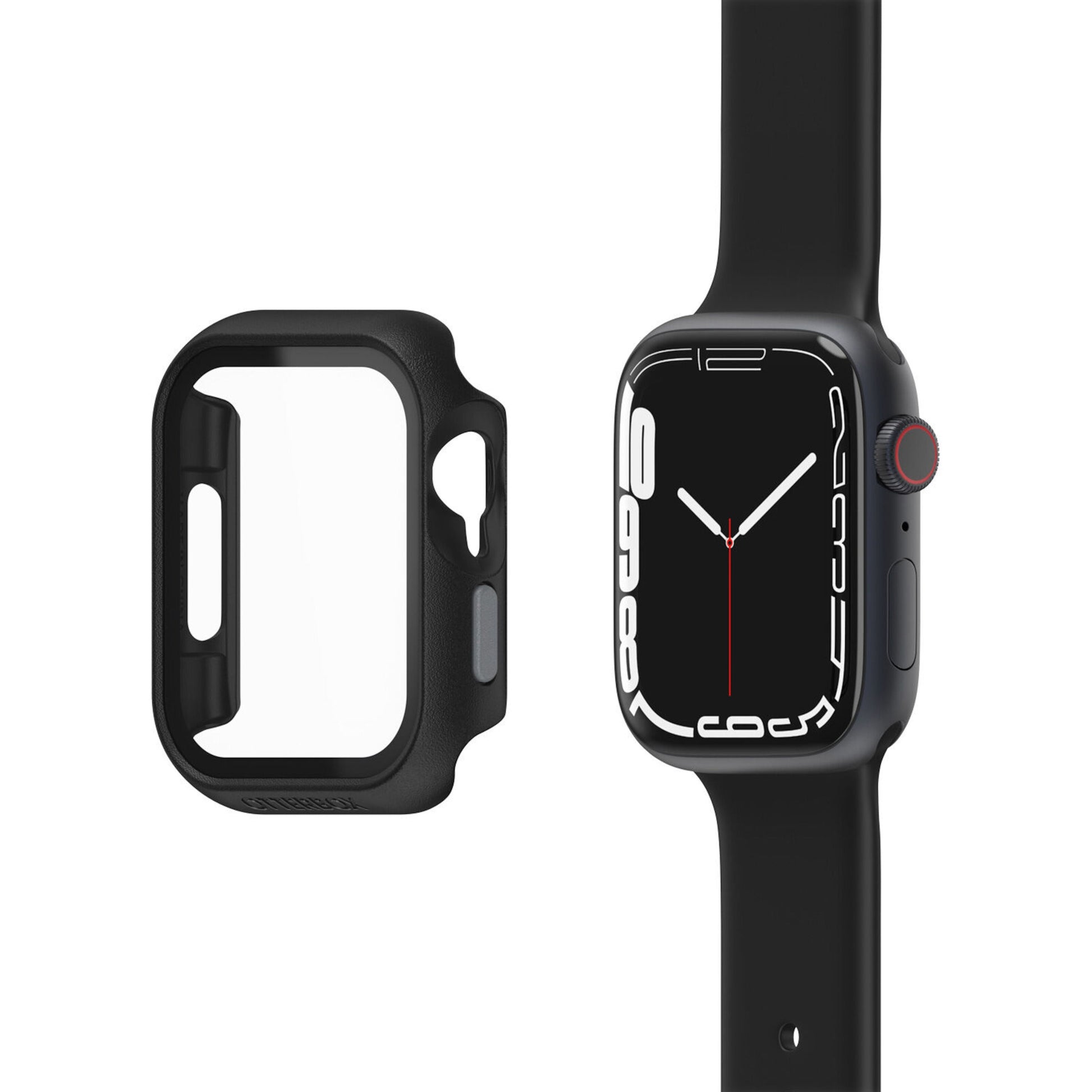 Apple Watch 45 mm sort med rektangulært display ved siden af Otterbox Eclipse beskyttende etui til Watch 7/8 45 mm.