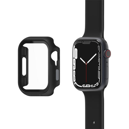 Apple Watch 45 mm sort med rektangulært display ved siden af Otterbox Eclipse beskyttende etui til Watch 7/8 45 mm.
