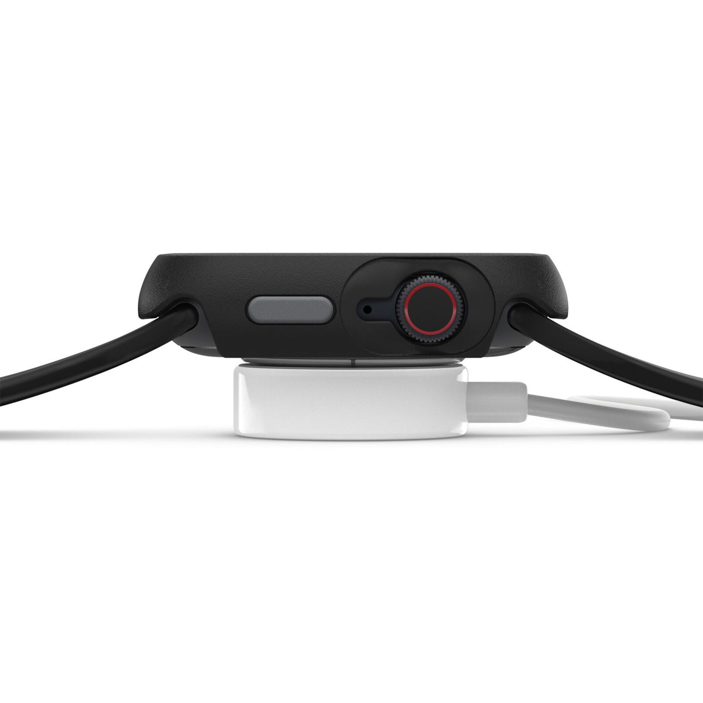 Apple Watch 7/8 45mm sort, sort rem, oplader på hvid magnetisk puck, beskyttet af Otterbox Eclipse etui.