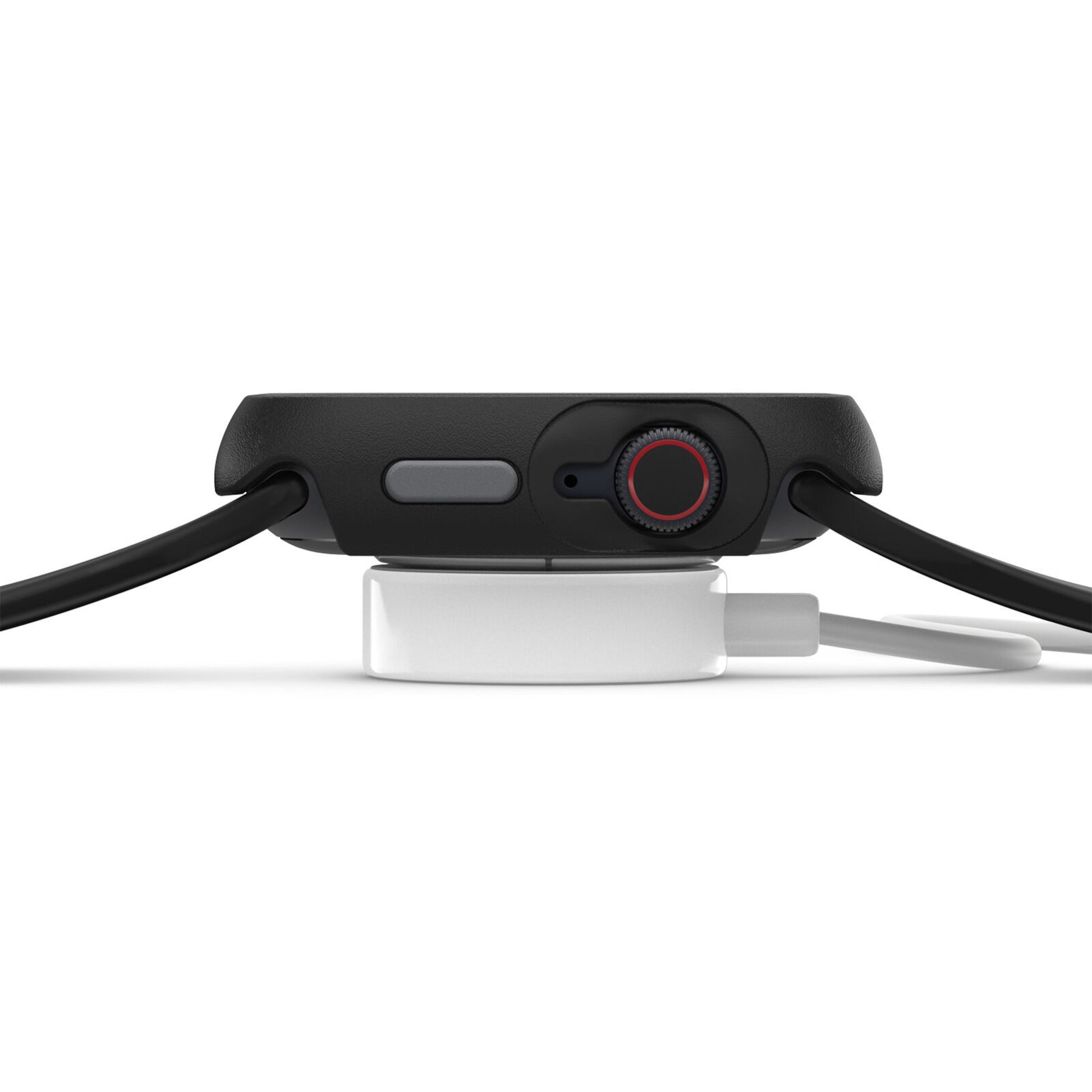 Apple Watch 7/8 45mm sort, sort rem, oplader på hvid magnetisk puck, beskyttet af Otterbox Eclipse etui.