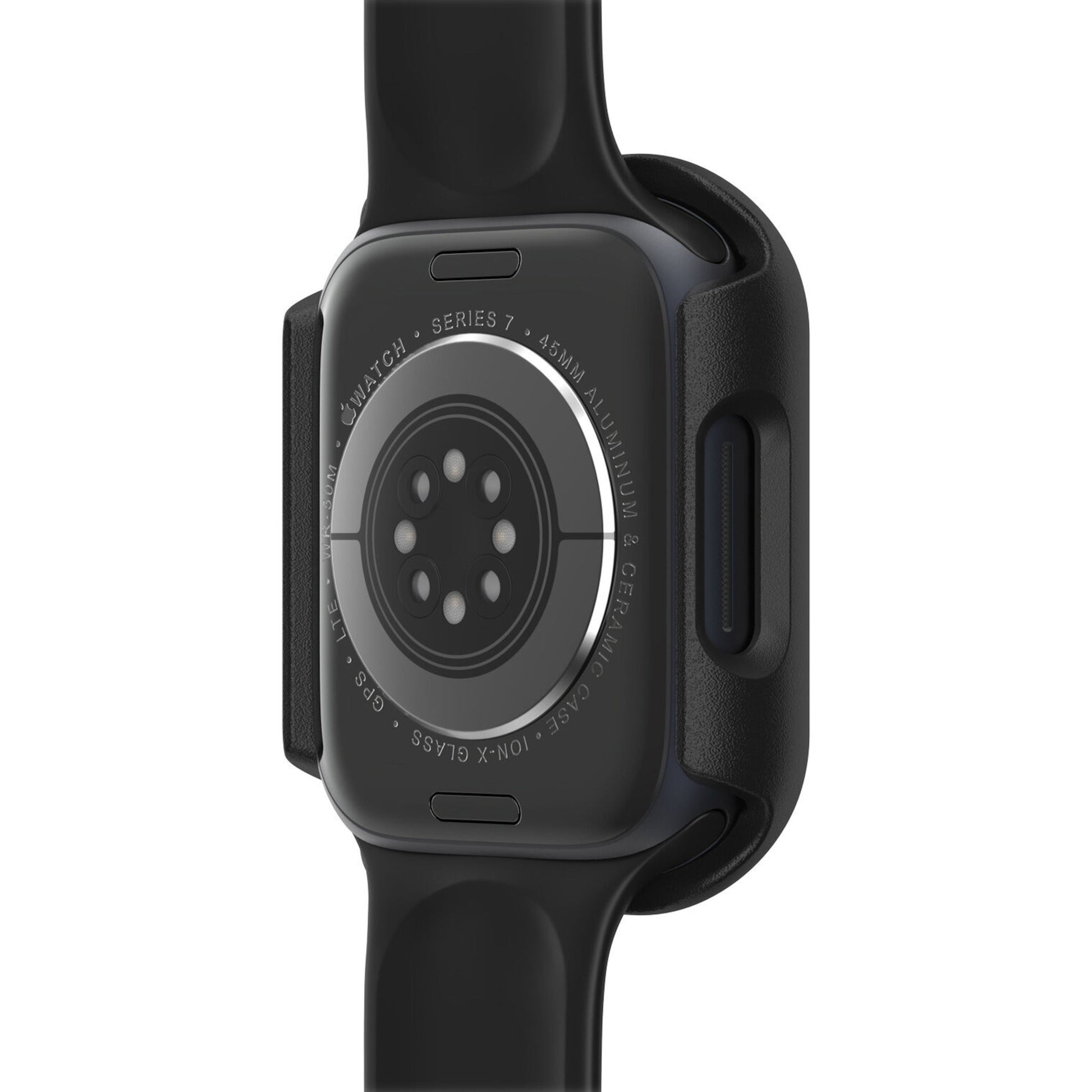 Otterbox Eclipse Beskyttende etui til Apple Watch 7/8 45mm, vist bagpå sort ur med sensor, indgravering, sort sportsrem.