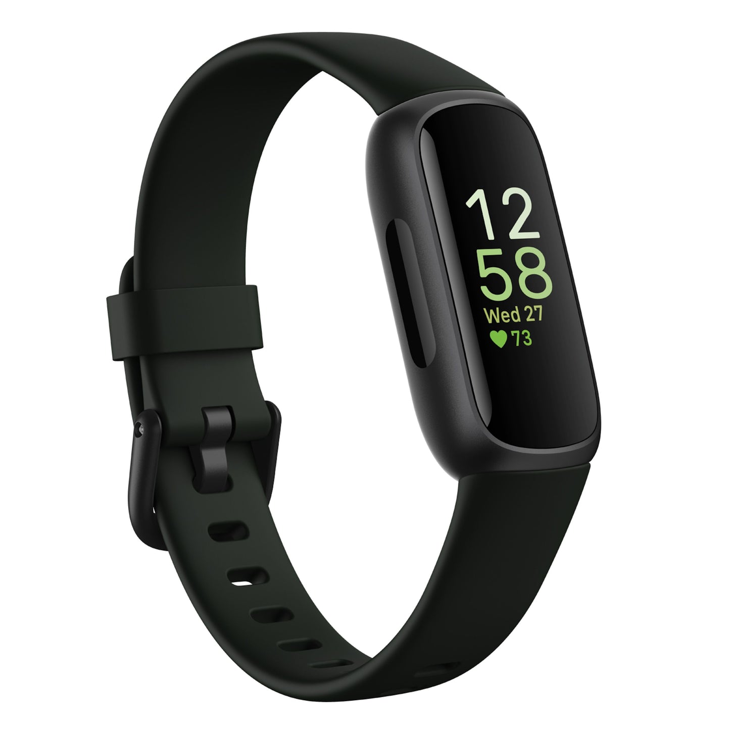 Fitbit Inspire 3 aktivitetsarmbånd Sort/Midnight Zen, sort display med grøn tekst, viser kl. 12:58, ons 27, puls 73 BPM.