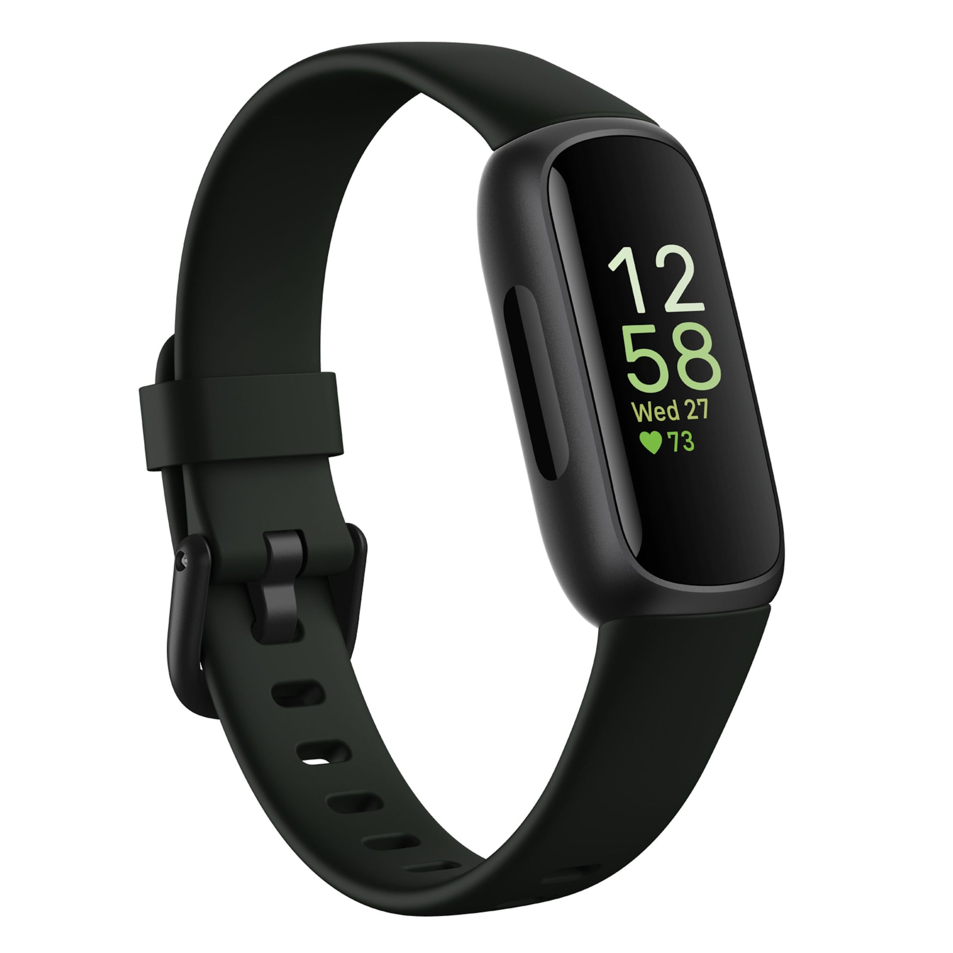 Fitbit Inspire 3 aktivitetsarmbånd Sort/Midnight Zen, sort display med grøn tekst, viser kl. 12:58, ons 27, puls 73 BPM.