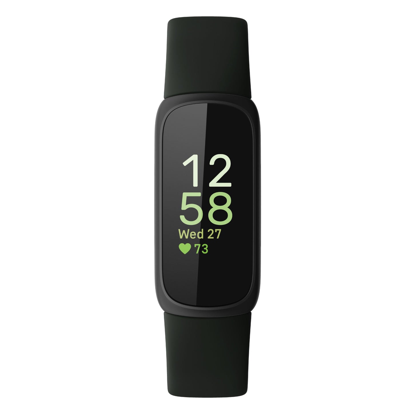 Fitbit Inspire 3 aktivitetsarmbånd sort/Midnight Zen med rektangulær skærm, tid 12:58, dato Wed 27, puls 73 bpm.