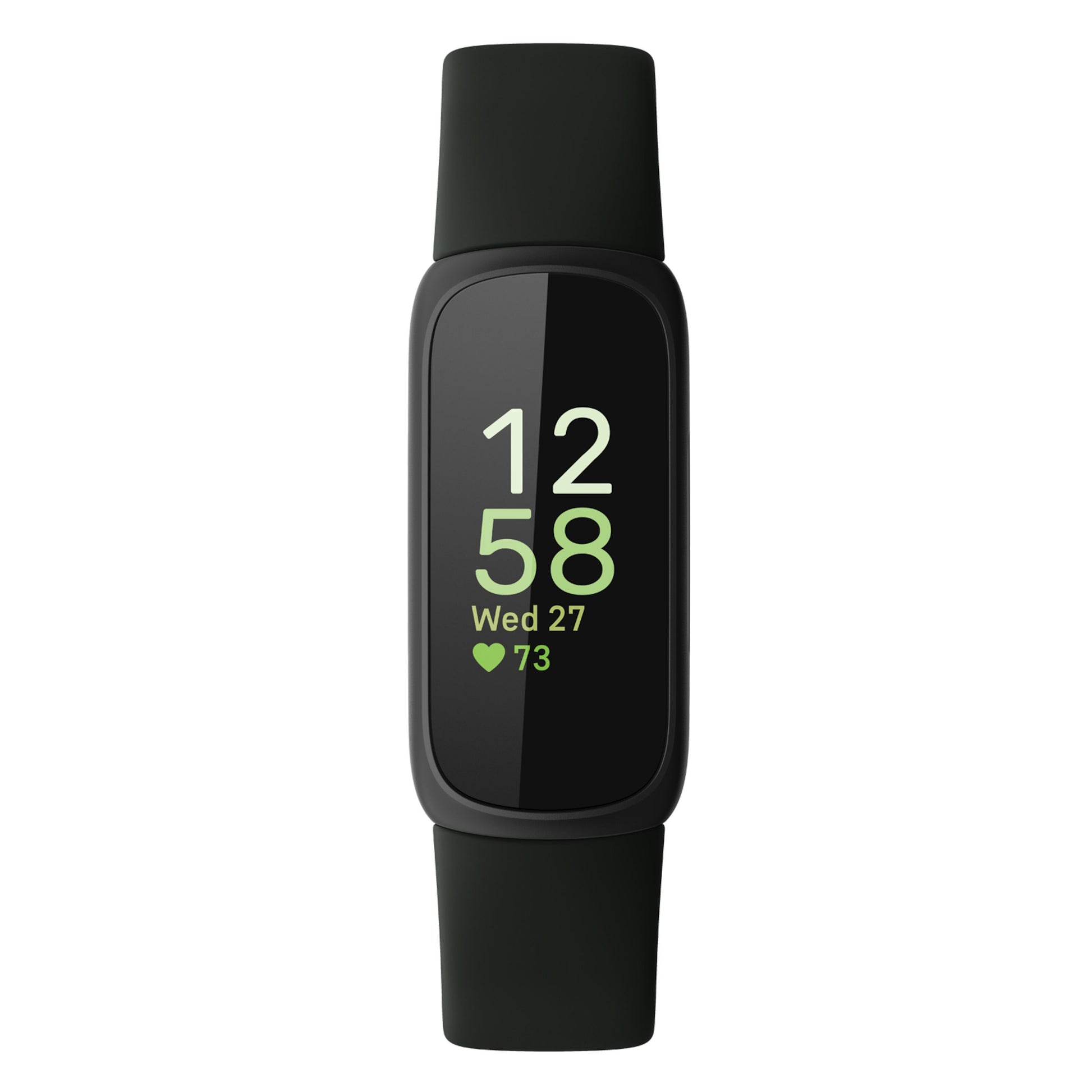 Fitbit Inspire 3 aktivitetsarmbånd sort/Midnight Zen med rektangulær skærm, tid 12:58, dato Wed 27, puls 73 bpm.