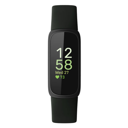 Fitbit Inspire 3 aktivitetsarmbånd sort/Midnight Zen med rektangulær skærm, tid 12:58, dato Wed 27, puls 73 bpm.