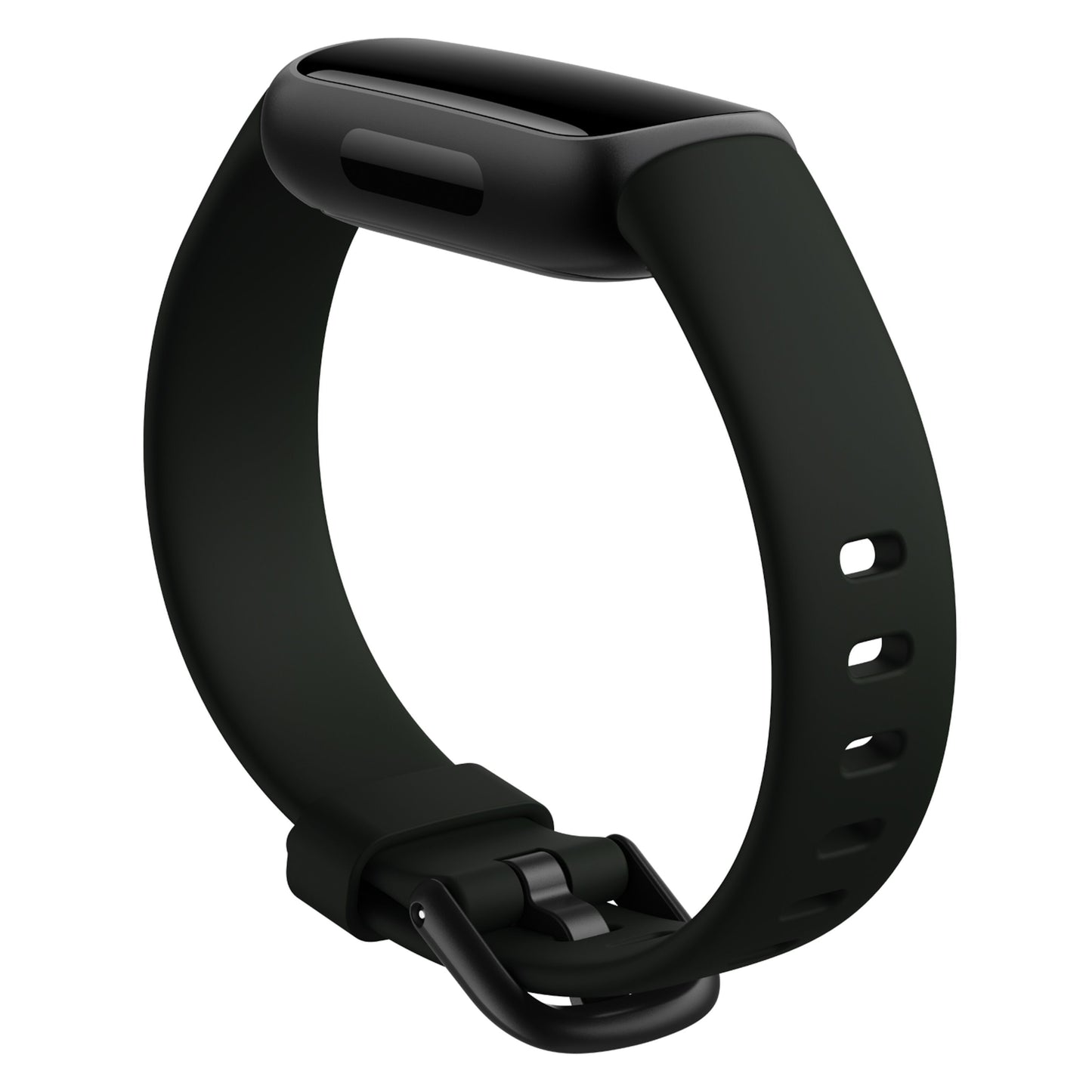 Fitbit Inspire 3 aktivitetsarmbånd sort/Midnight Zen, rektangulært display, justerbar silikonerem, sidevinkel.