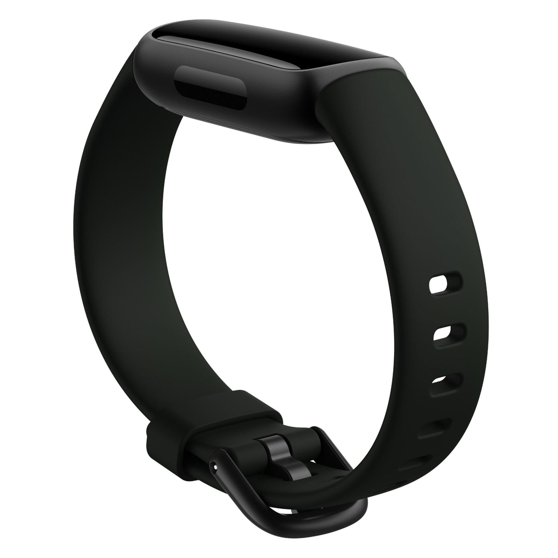 Fitbit Inspire 3 aktivitetsarmbånd sort/Midnight Zen, rektangulært display, justerbar silikonerem, sidevinkel.