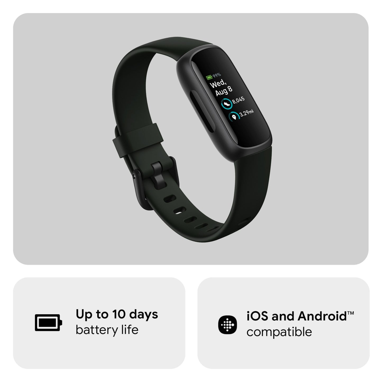 Fitbit Inspire 3 aktivitetsarmbånd sort/Midnight Zen, buet display, viser dato, skridt, kalorier, op til 10 dages batteri.