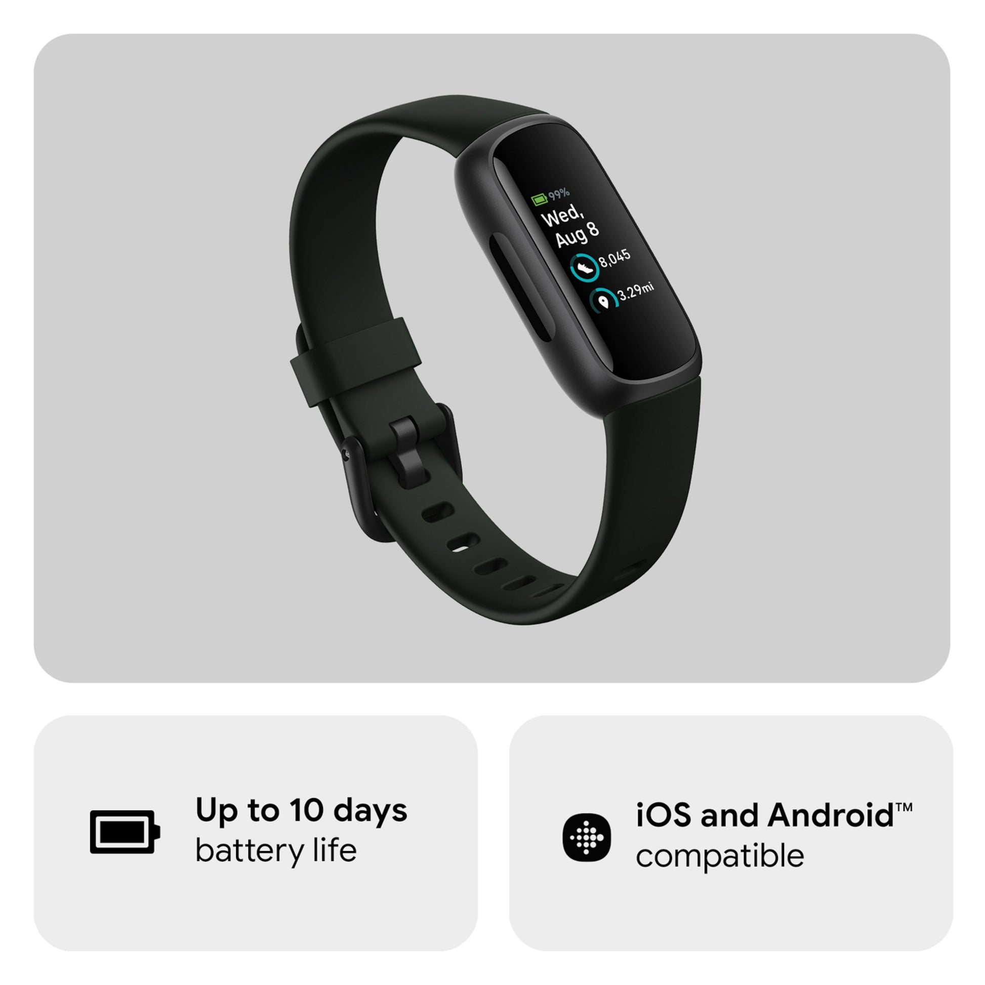 Fitbit Inspire 3 aktivitetsarmbånd sort/Midnight Zen, buet display, viser dato, skridt, kalorier, op til 10 dages batteri.