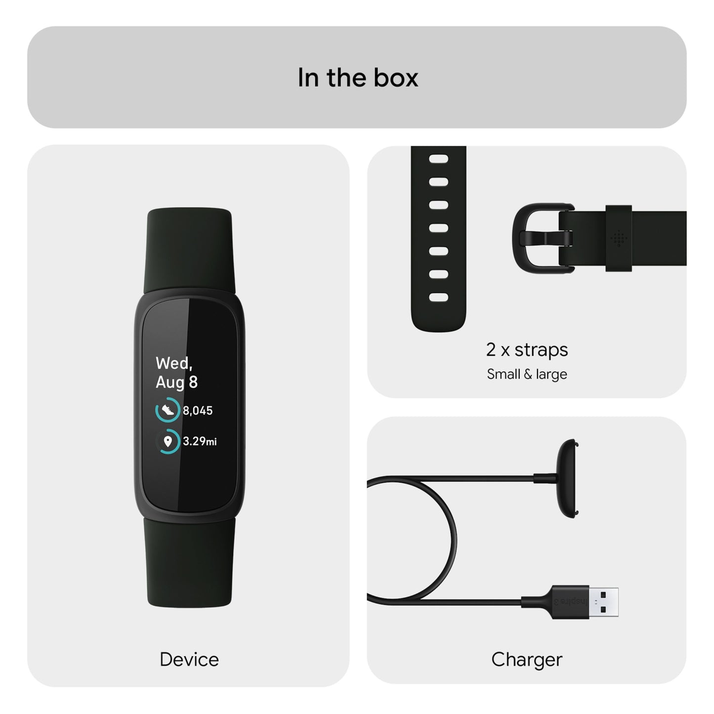 Fitbit Inspire 3 aktivitetsarmbånd Sort/Midnight Zen med display, to remme (S/L) og USB opladerkabel i æske.