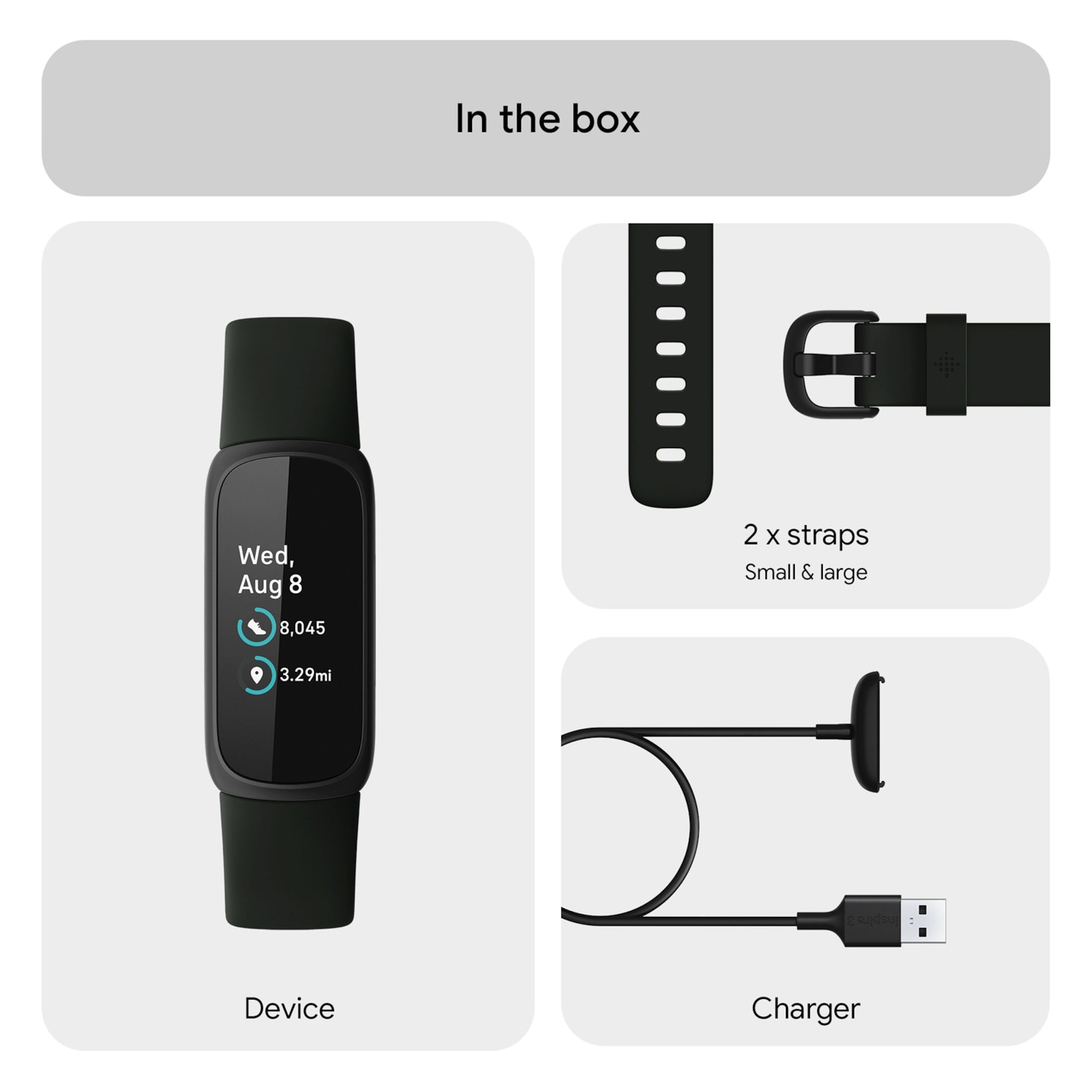 Fitbit Inspire 3 aktivitetsarmbånd Sort/Midnight Zen med display, to remme (S/L) og USB opladerkabel i æske.