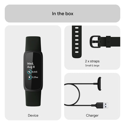Fitbit Inspire 3 aktivitetsarmbånd Sort/Midnight Zen med display, to remme (S/L) og USB opladerkabel i æske.