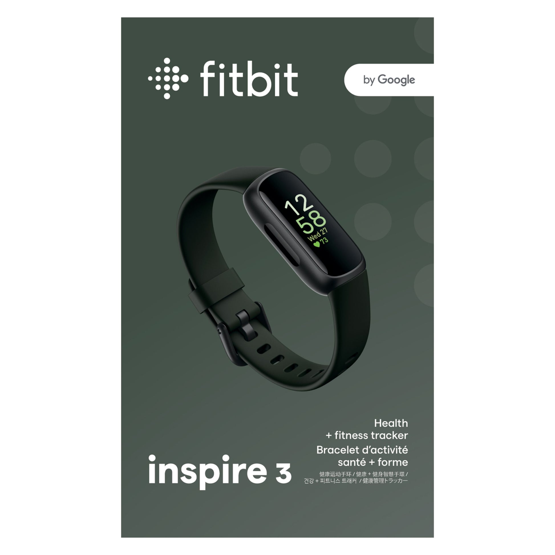 Fitbit Inspire 3 aktivitetsarmbånd Sort/Midnight Zen på emballage med Fitbit-logo, sundhedsovervågning og klokkeslæt.