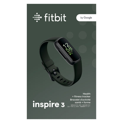 Fitbit Inspire 3 aktivitetsarmbånd Sort/Midnight Zen på emballage med Fitbit-logo, sundhedsovervågning og klokkeslæt.